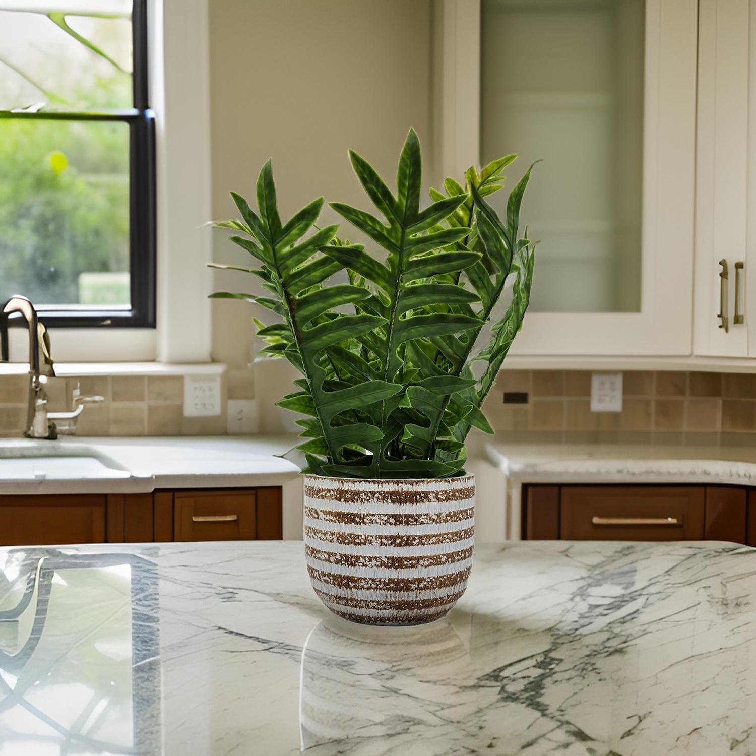 Planta Artificial Tropical Macetero Ceramica Lineas Blancas-5