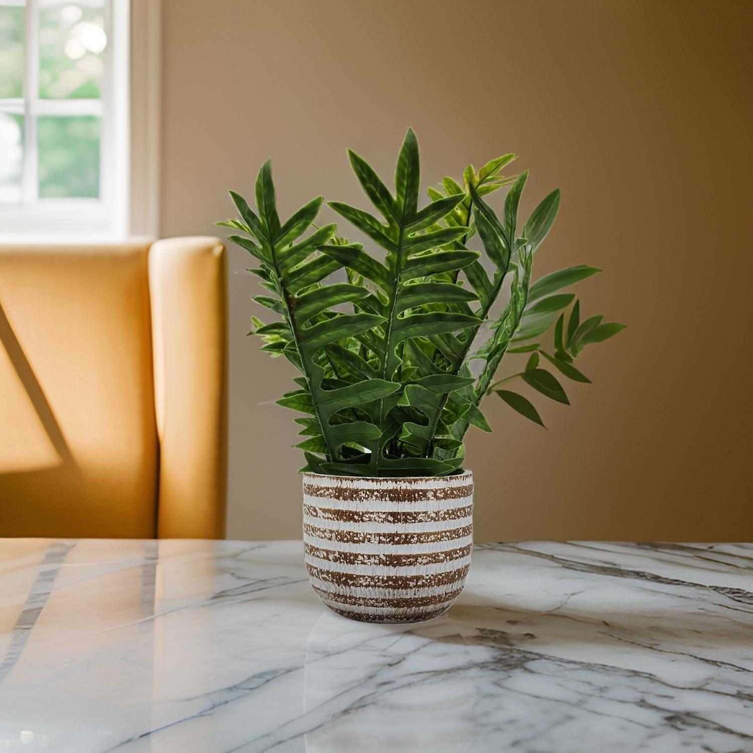 Planta Artificial Tropical Macetero Ceramica Lineas Blancas-6