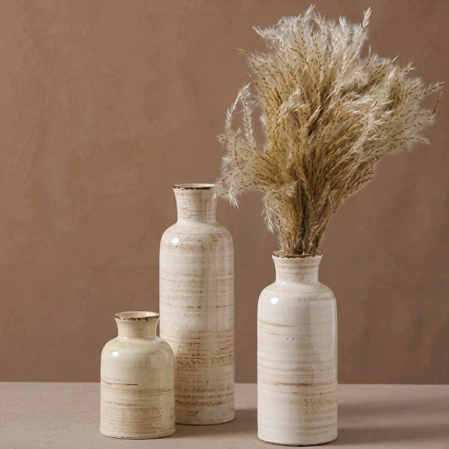Set 3 Floreros Ceramica Beige Rustico Minimalista Decorativo-1