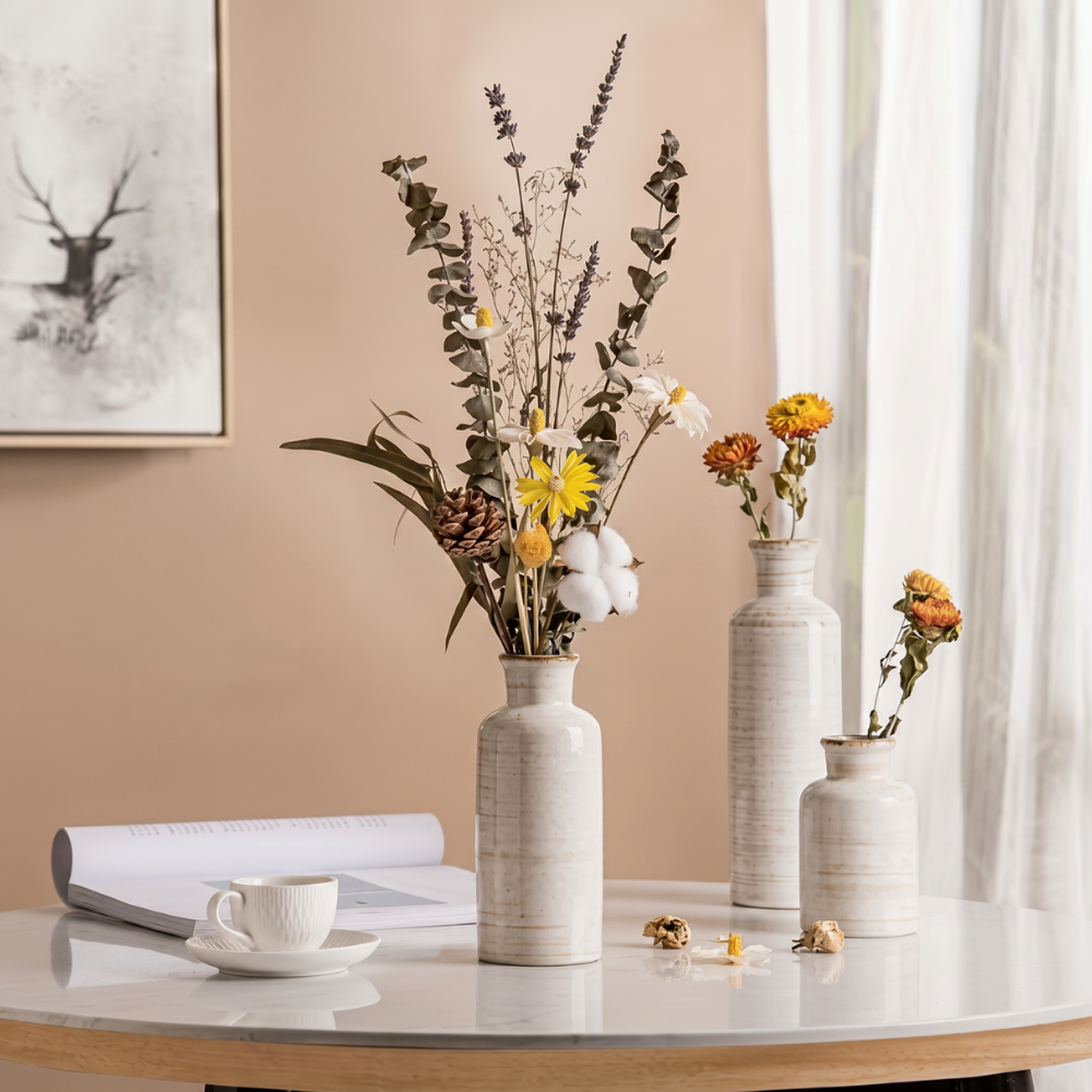 Set 3 Floreros Ceramica Beige Rustico Minimalista Decorativo-2