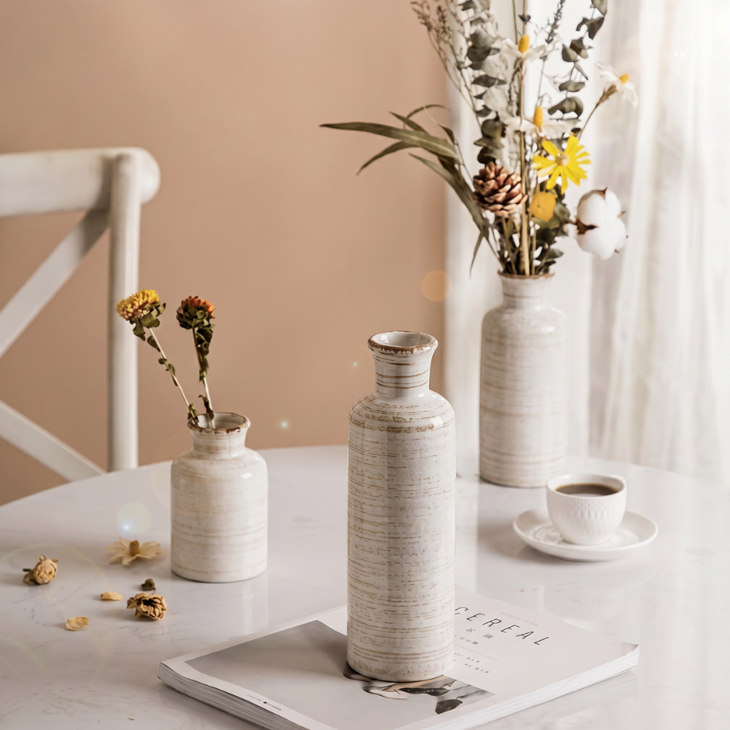 Set 3 Floreros Ceramica Beige Rustico Minimalista Decorativo-3