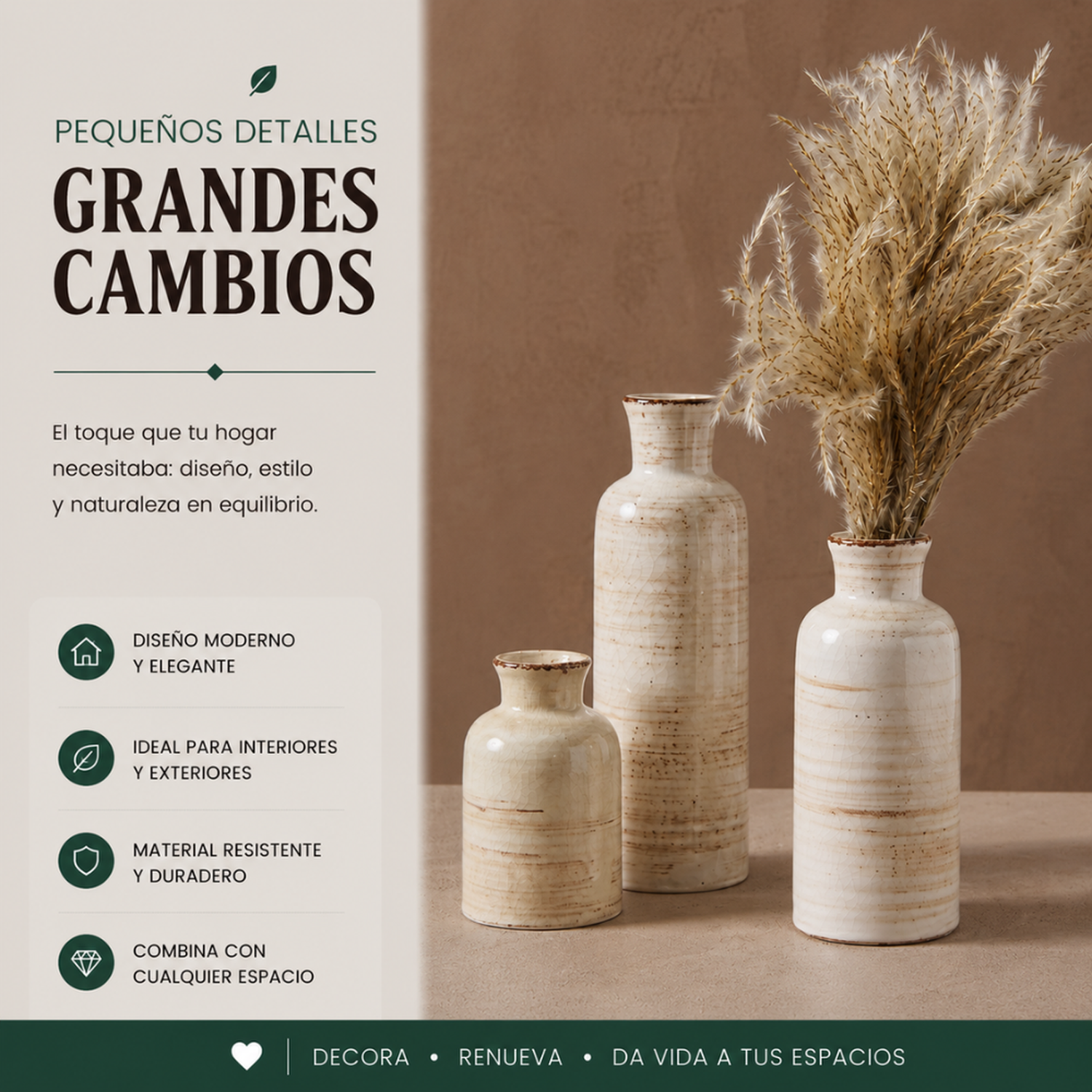 Set 3 Floreros Ceramica Beige Rustico Minimalista Decorativo-4
