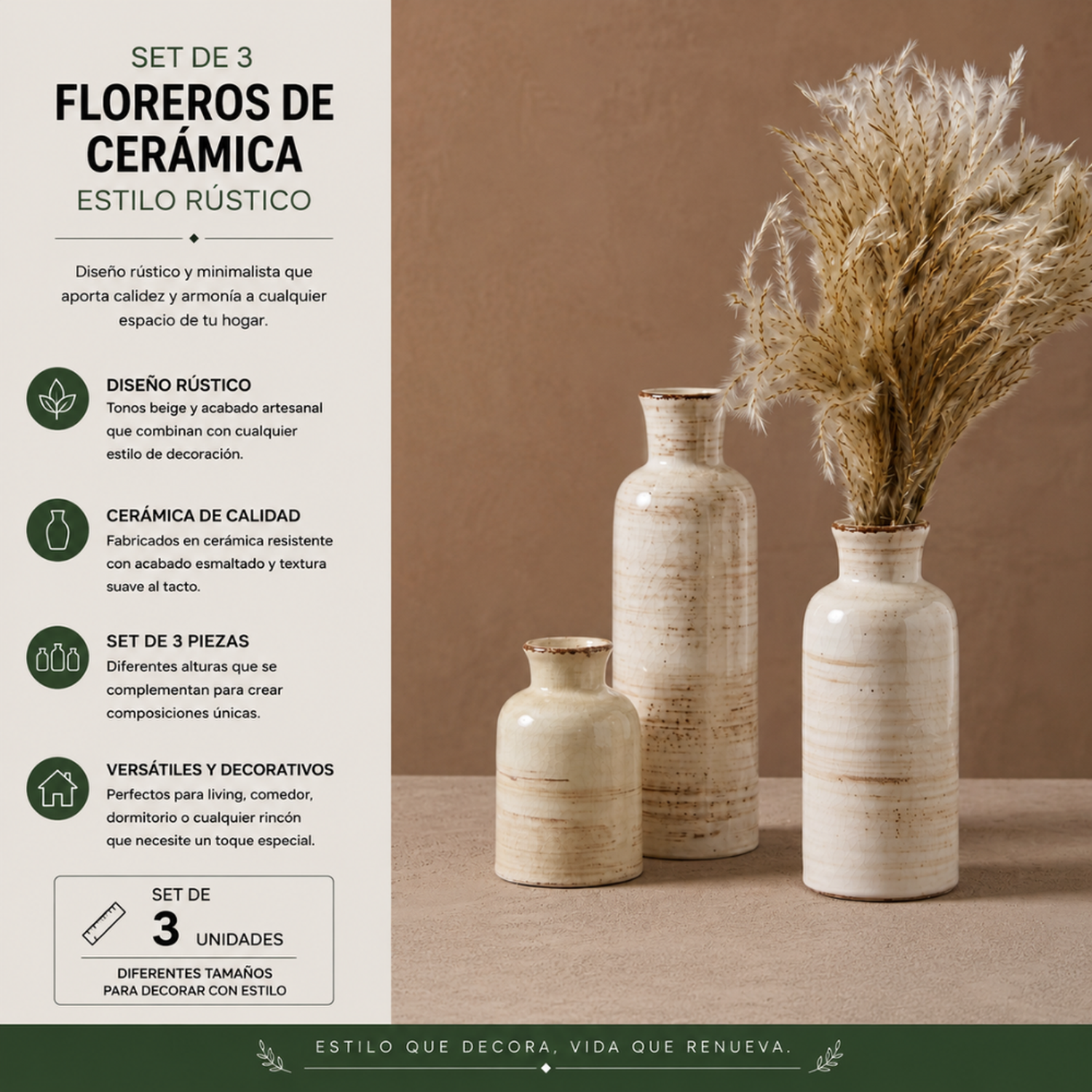 Set 3 Floreros Ceramica Beige Rustico Minimalista Decorativo-5