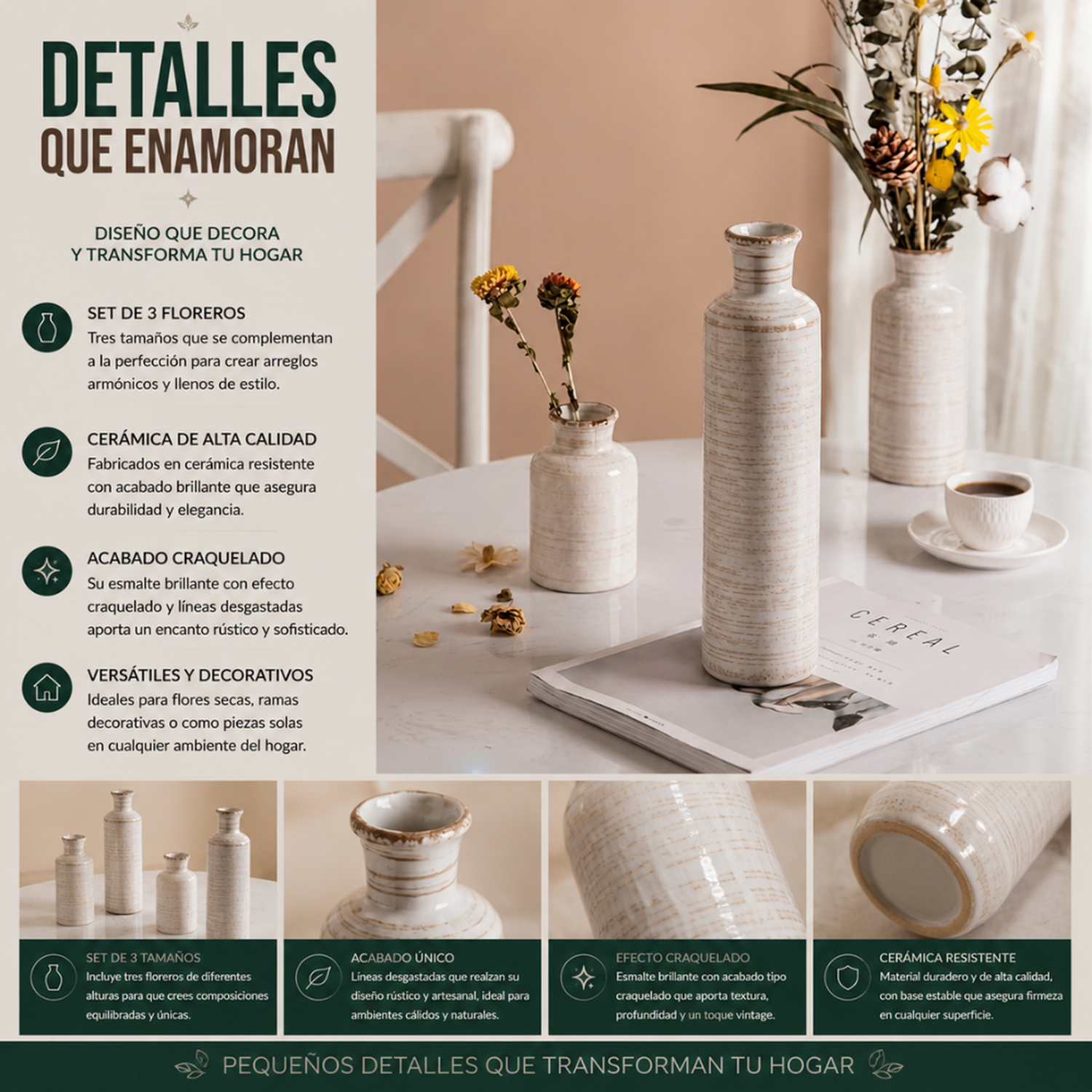 Set 3 Floreros Ceramica Beige Rustico Minimalista Decorativo-7