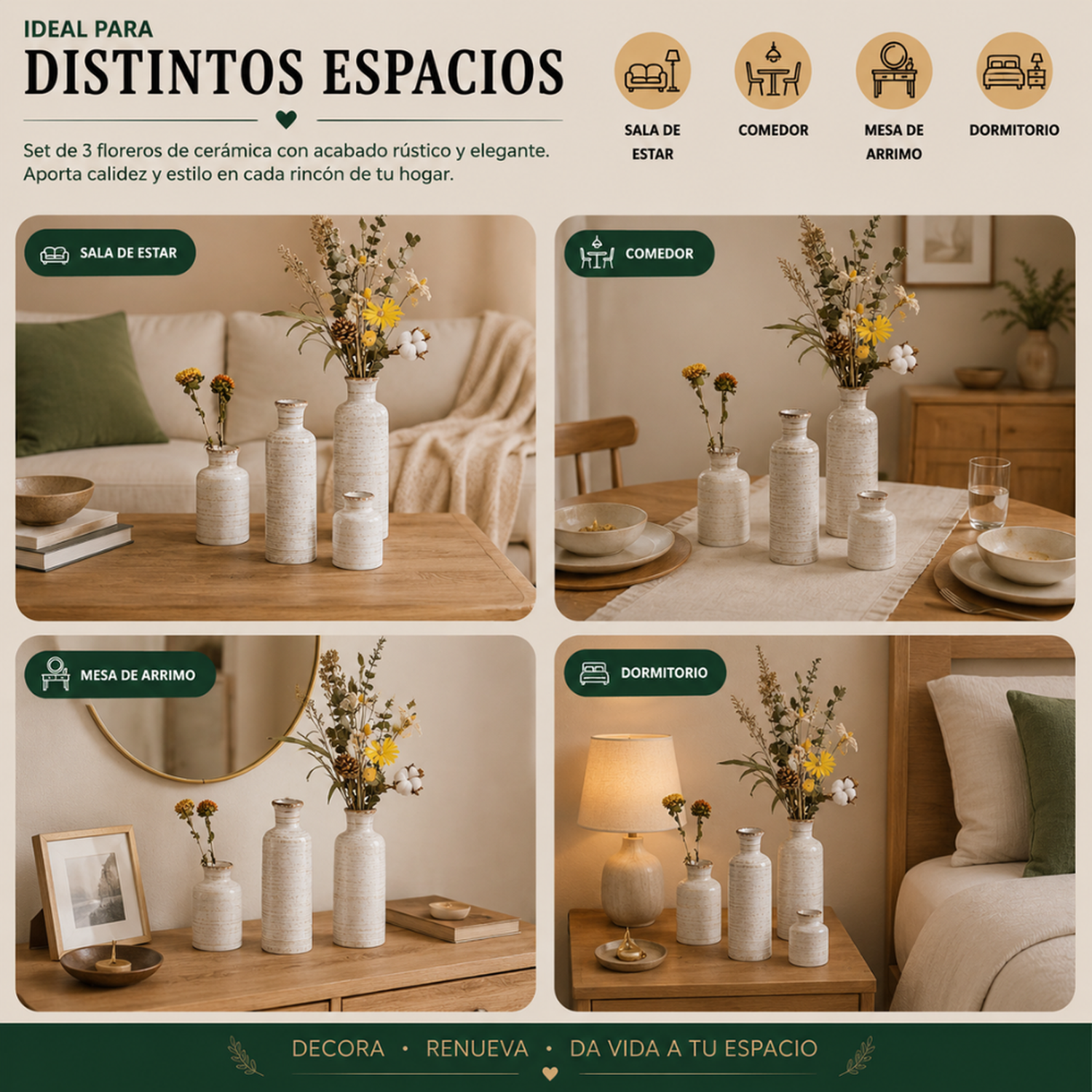 Set 3 Floreros Ceramica Beige Rustico Minimalista Decorativo-8