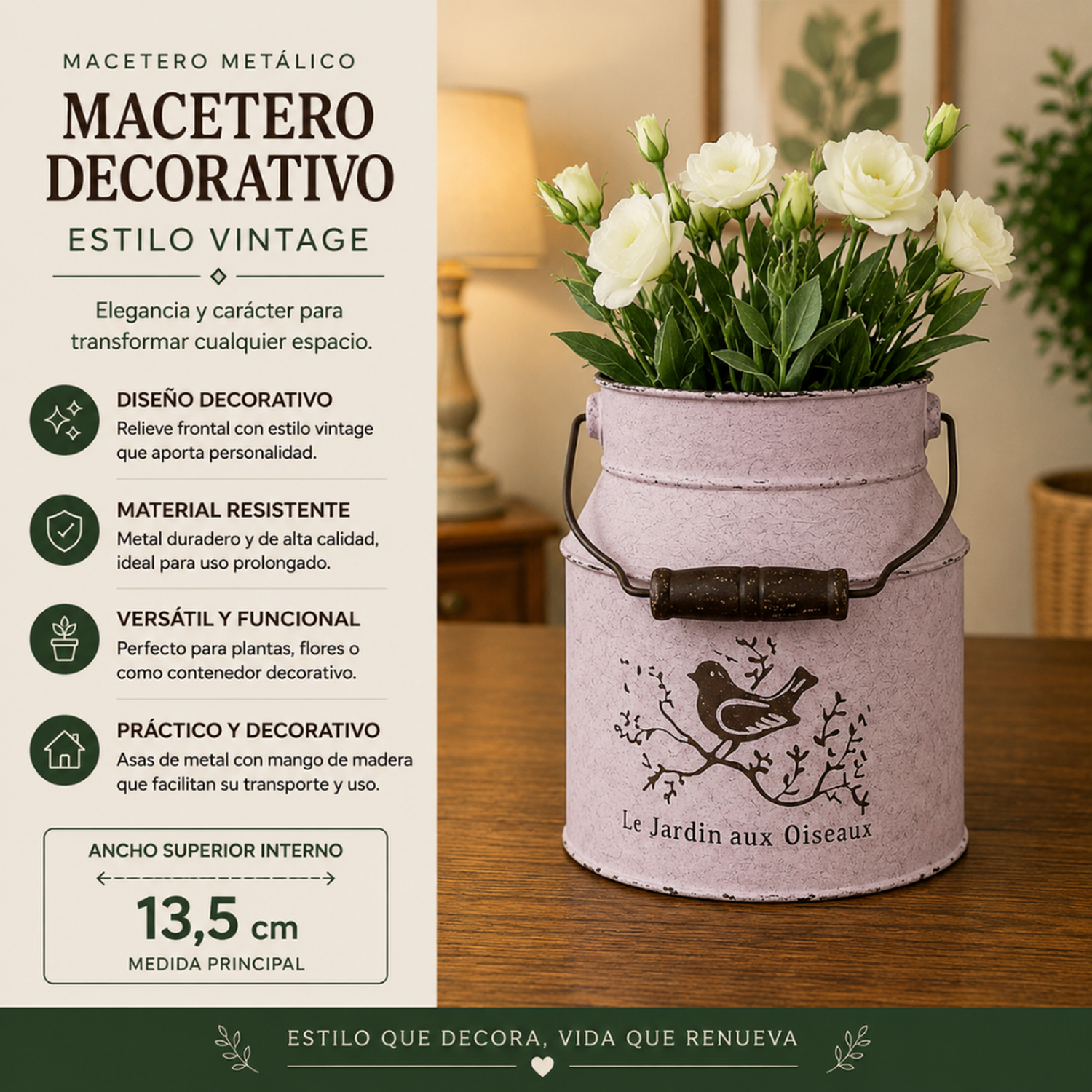 Macetero Metalico Blanco Tarro Decorativo Vintage Manilla-3