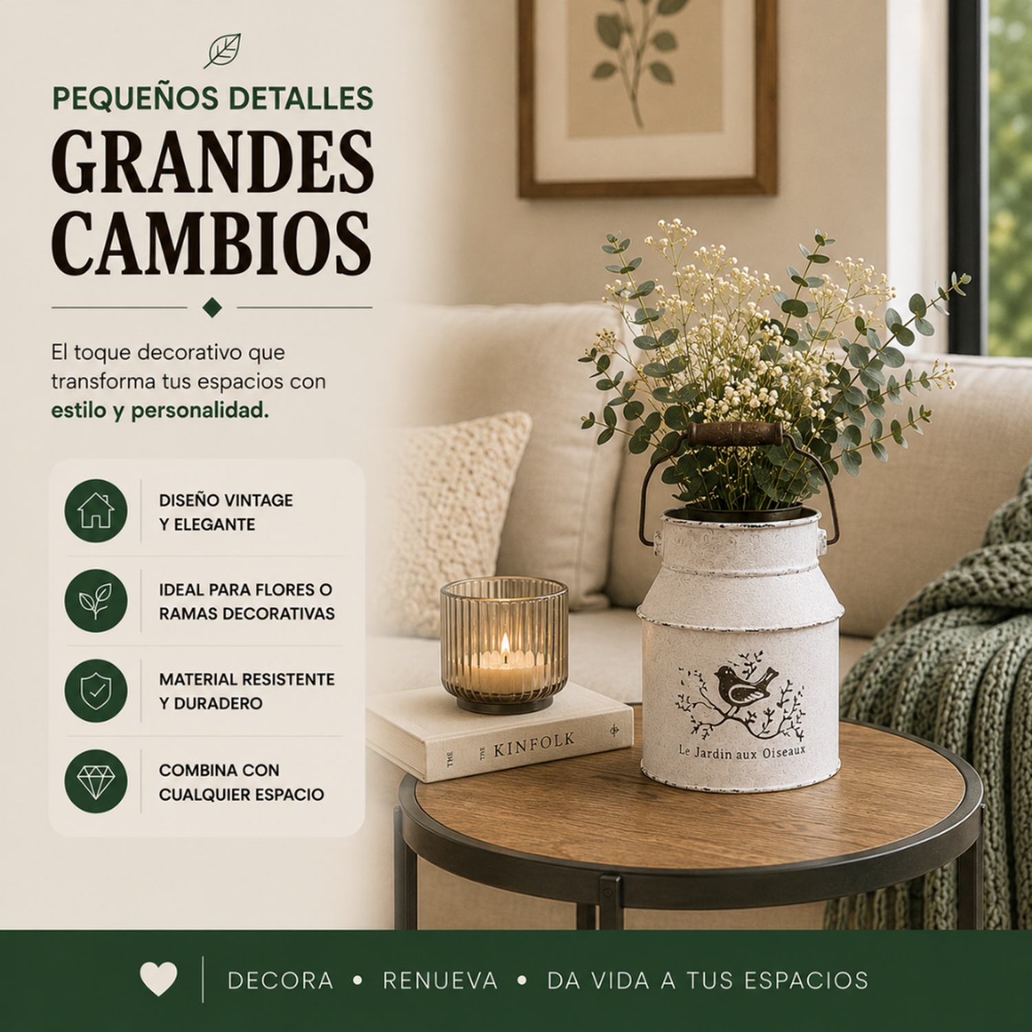 Macetero Metalico Blanco Tarro Decorativo Vintage Manilla-4