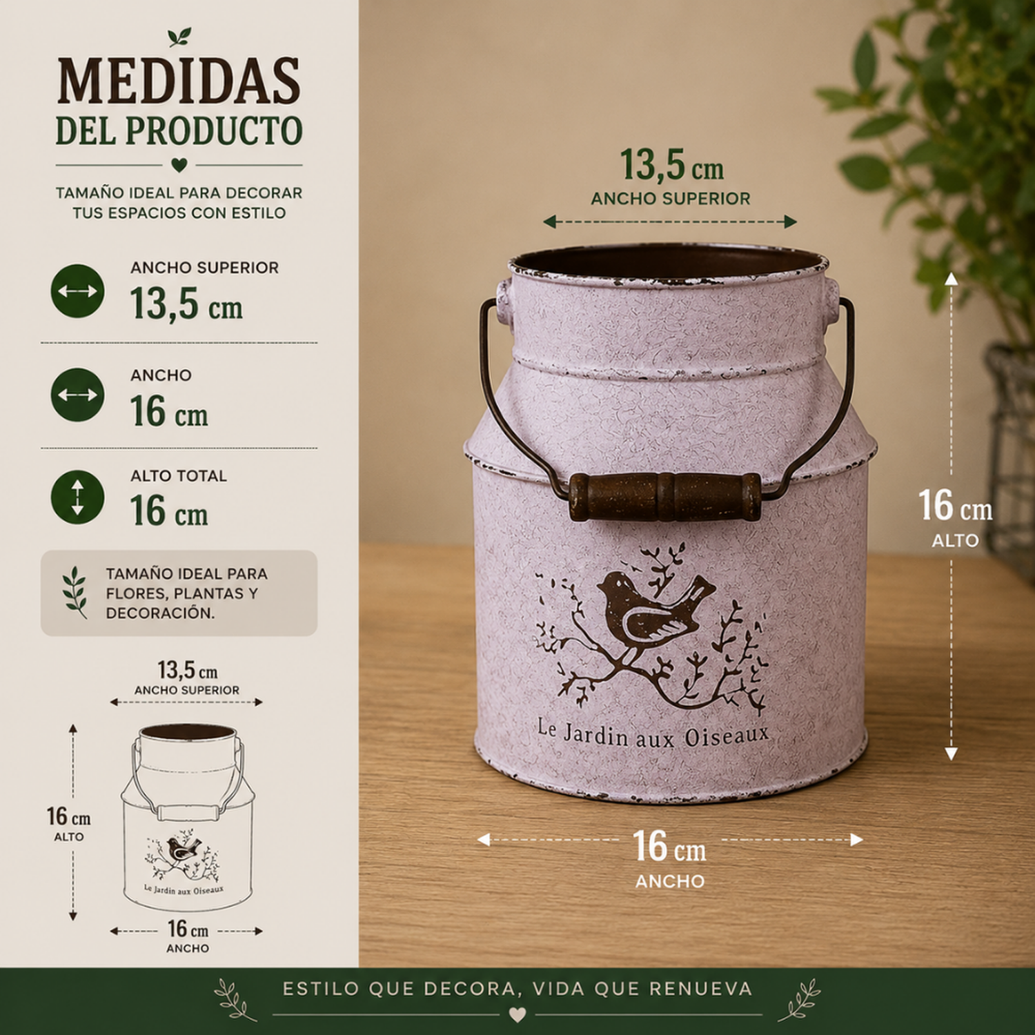 Macetero Metalico Blanco Tarro Decorativo Vintage Manilla-5