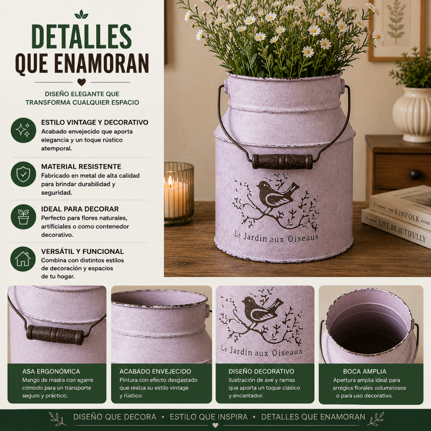Macetero Metalico Blanco Tarro Decorativo Vintage Manilla-7