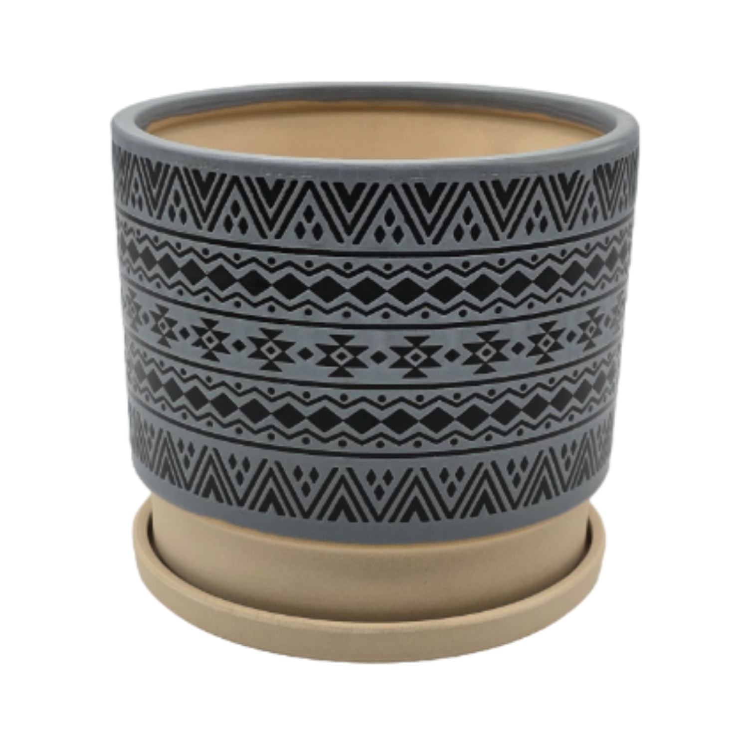 Macetero Maceta De Ceramica Gris Con Patrones Negros M-2