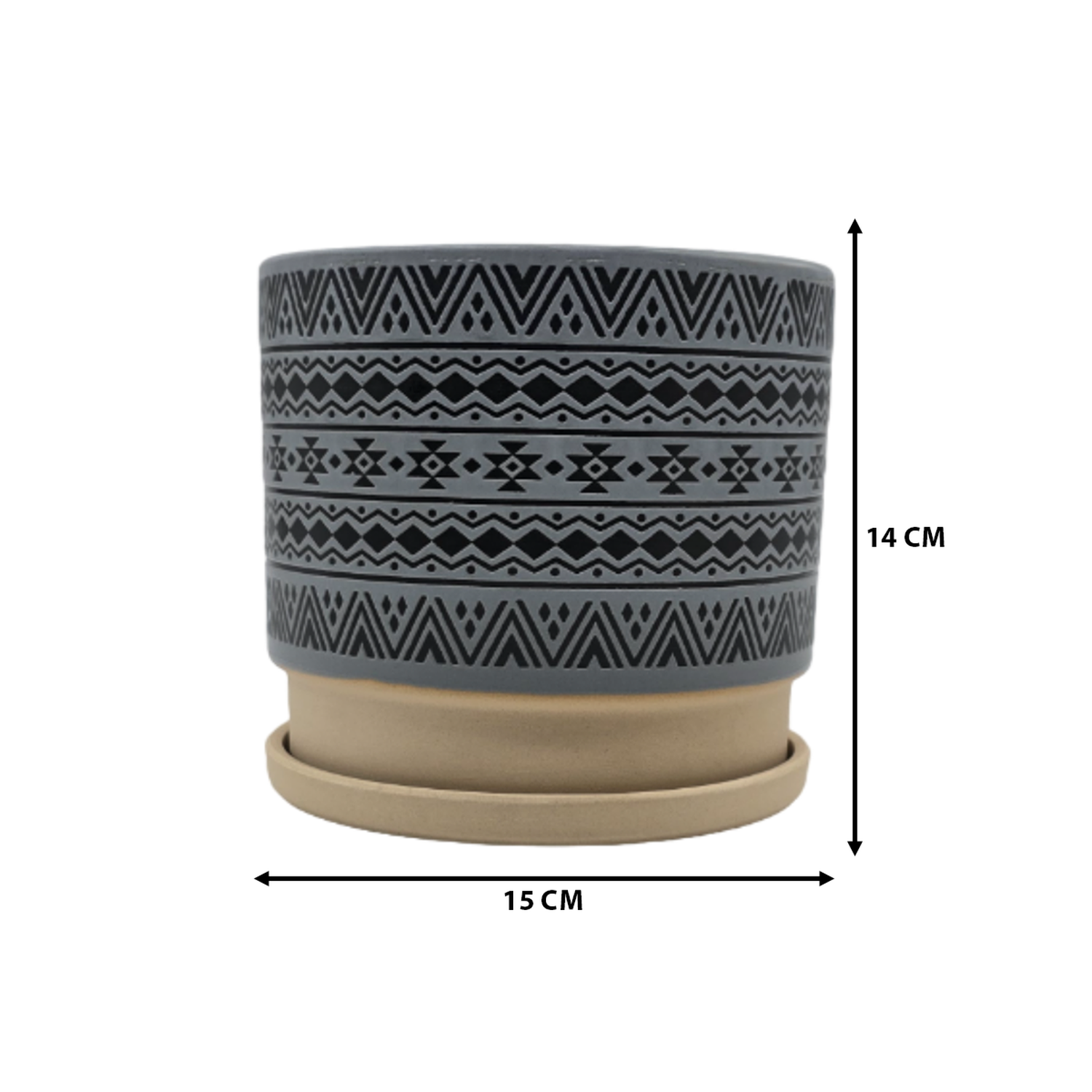 Macetero Maceta De Ceramica Gris Con Patrones Negros M-6
