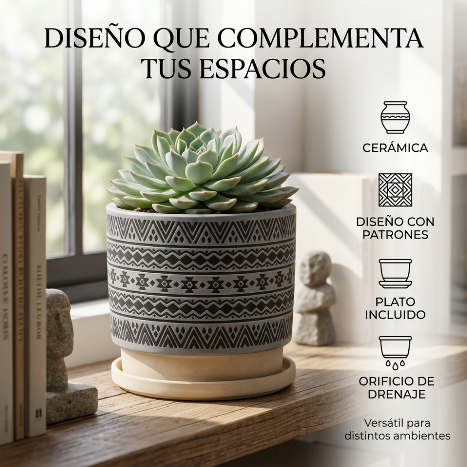 Macetero Maceta De Ceramica Gris Con Patrones Negros M-2