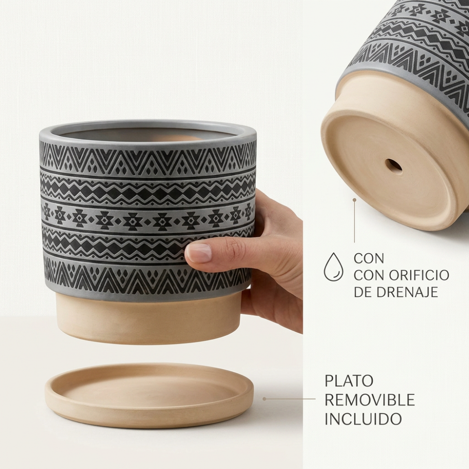Macetero Maceta De Ceramica Gris Con Patrones Negros M-3