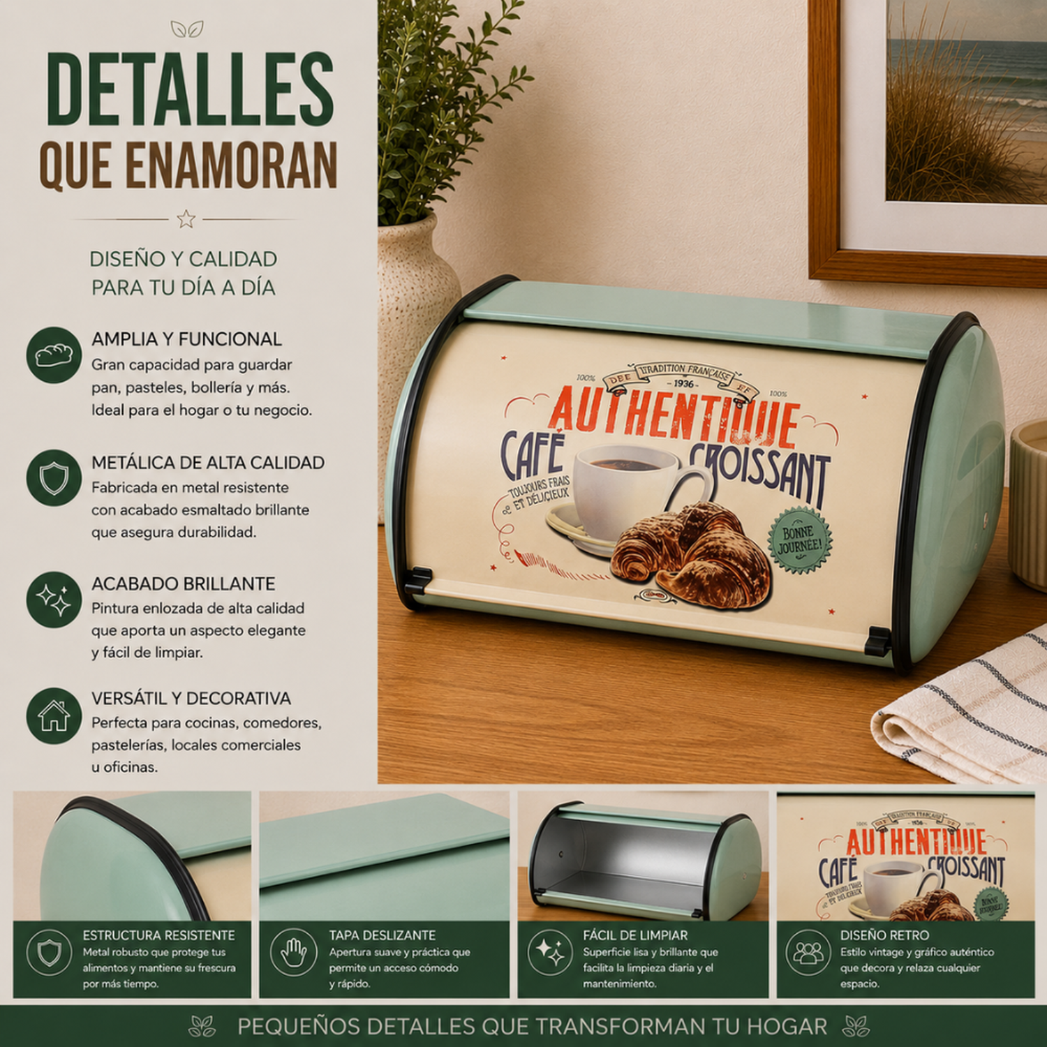Panera Metálica Vintage Retro Color Verde Abatible-7