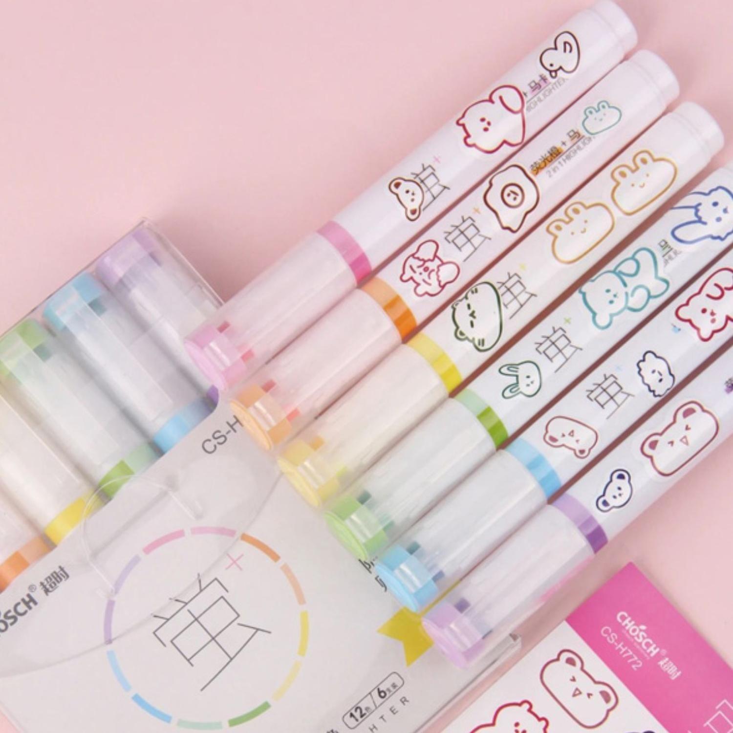 Set Lapices 12 Colores Marcadores Destacador 2 En 1 Stickers-2