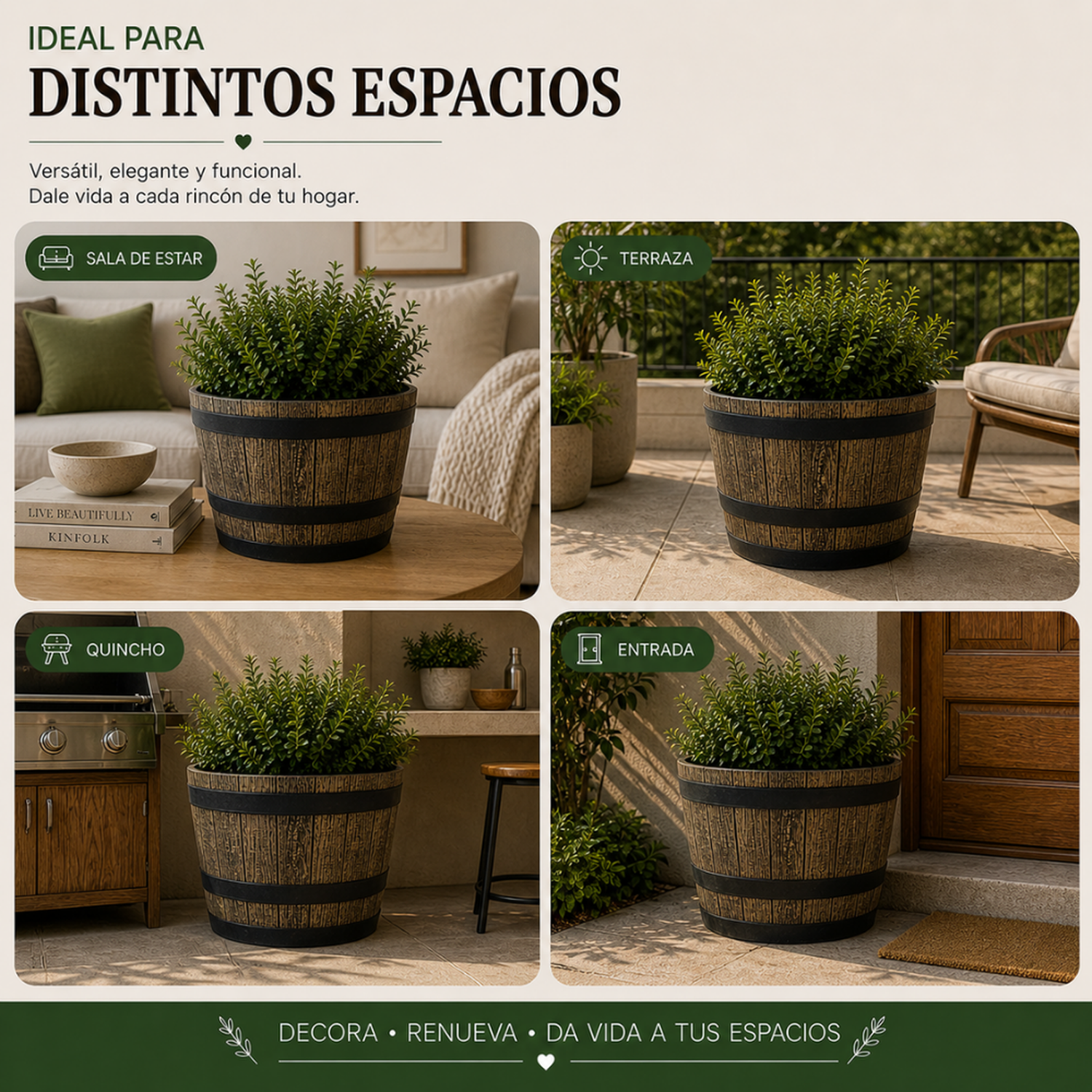 Macetero Plastico Diseño Efecto Barril De Madera Maceta XL-5