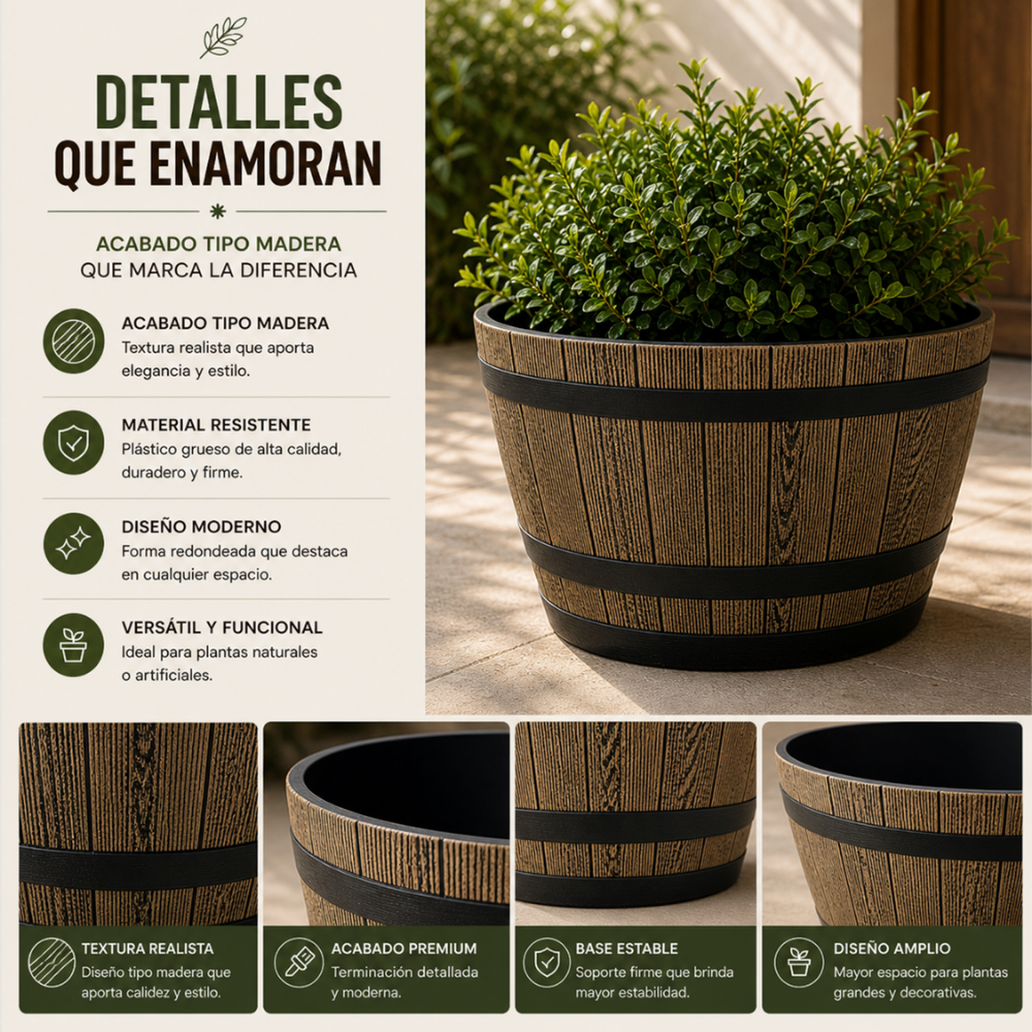 Macetero Plastico Diseño Efecto Barril De Madera Maceta XL-6