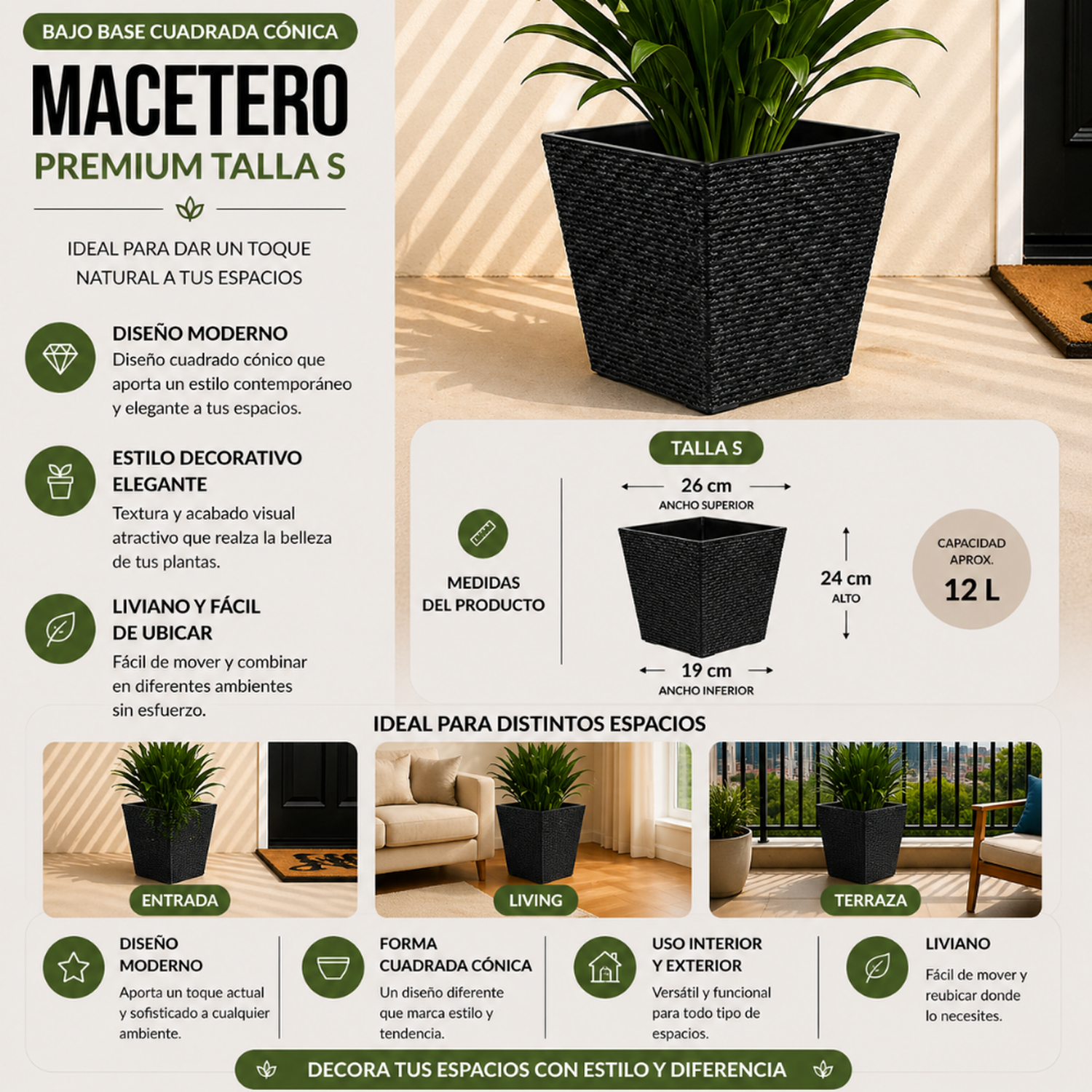 Set 2 Macetero Plastico Bajo Premium Base Cuadrada Conica S-4