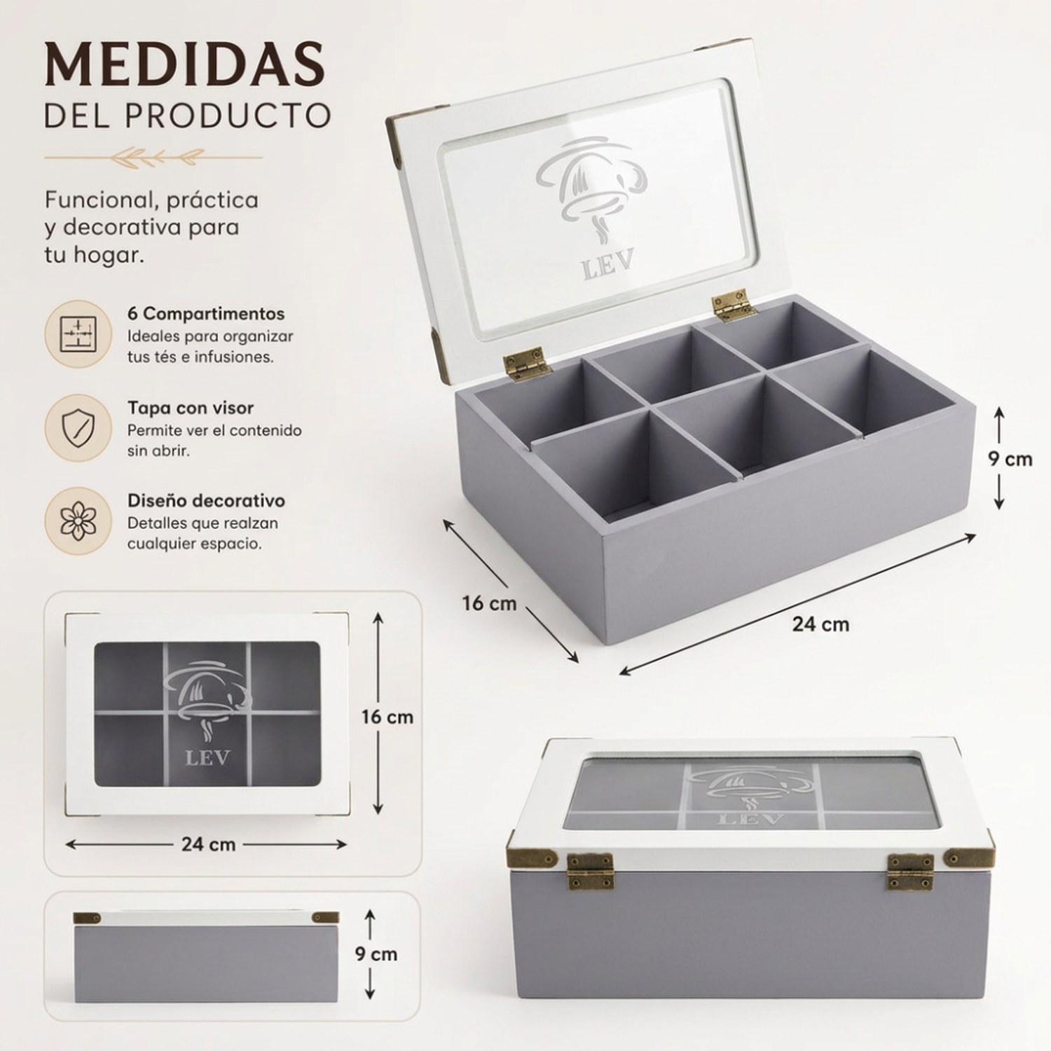 Caja De Te Porta Te Caja De Madera Para Te Gris 6 Divisiones-5