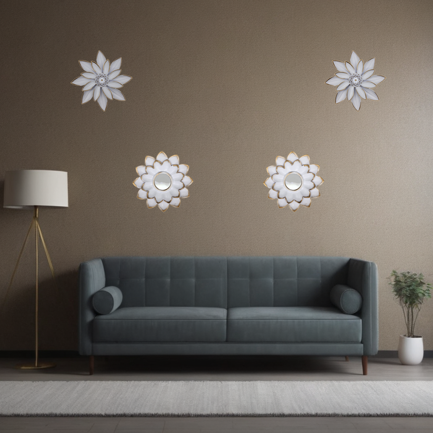 Set 4 Marcos De Espejos Flor De Loto Decorativo Blanco Deco-3