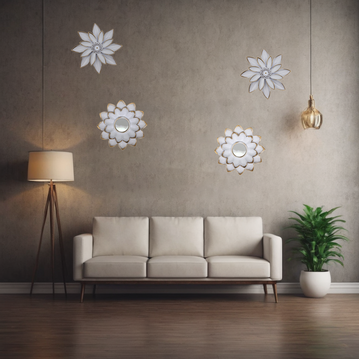 Set 4 Marcos De Espejos Flor De Loto Decorativo Blanco Deco-4