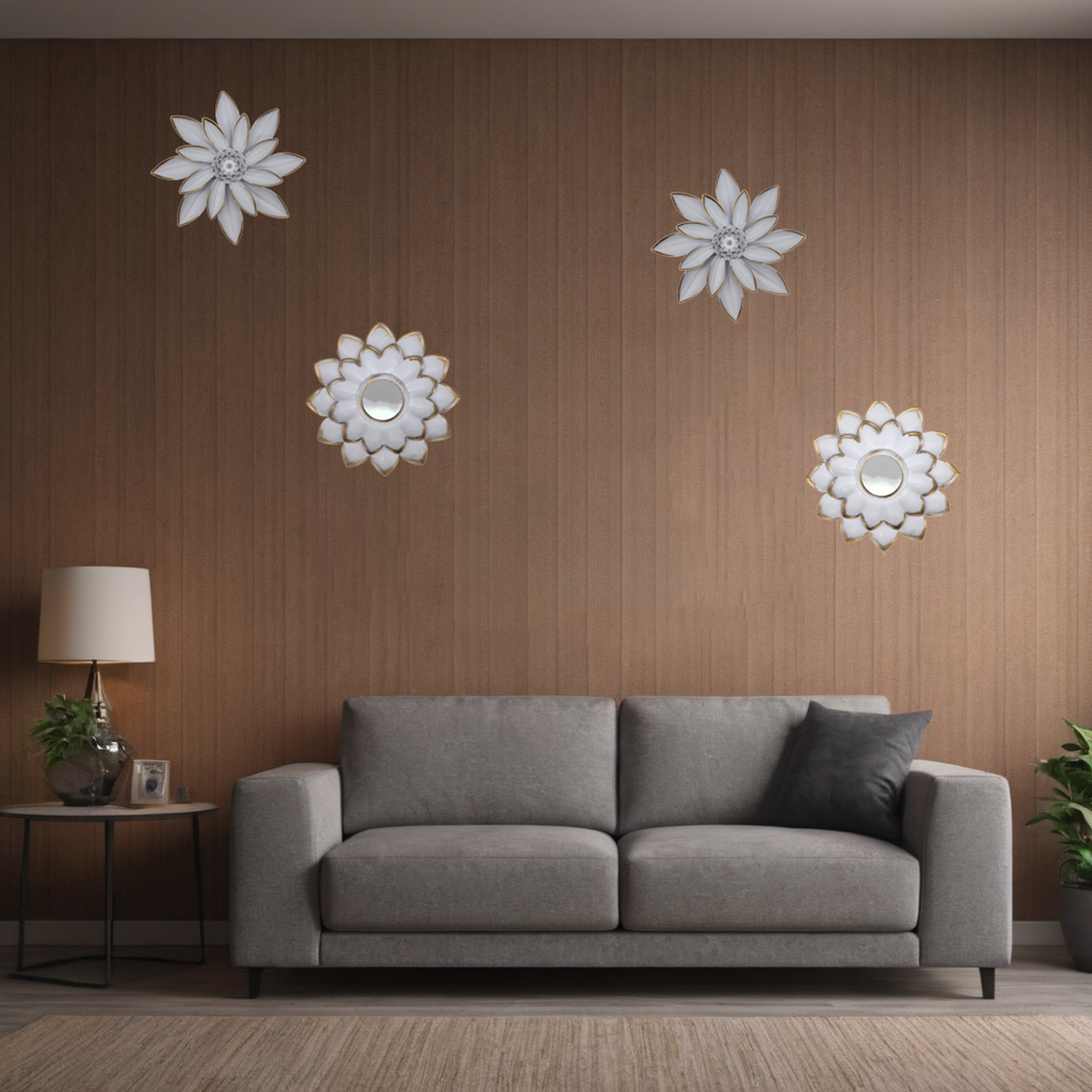 Set 4 Marcos De Espejos Flor De Loto Decorativo Blanco Deco-5