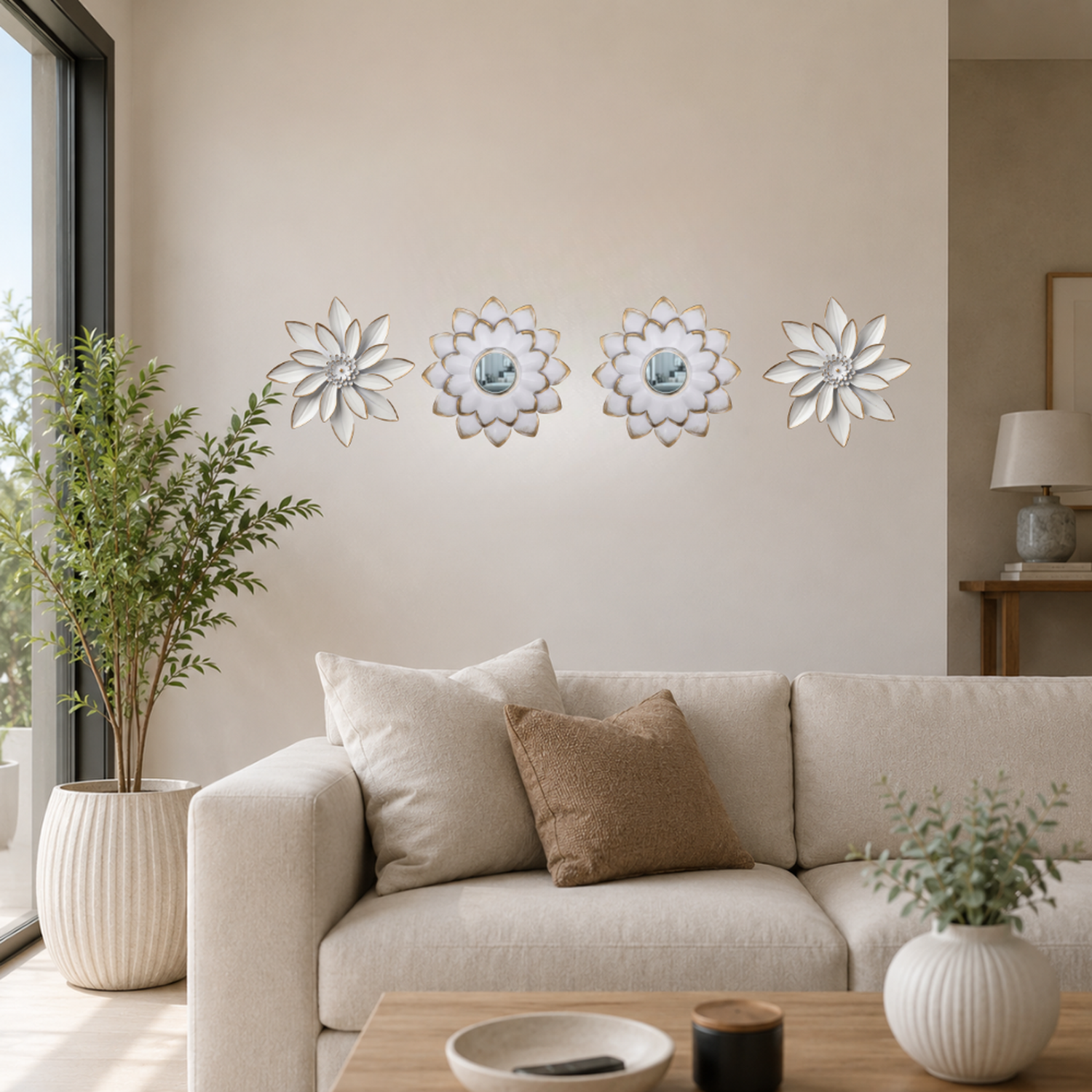 Set 4 Marcos De Espejos Flor De Loto Decorativo Blanco Deco-2