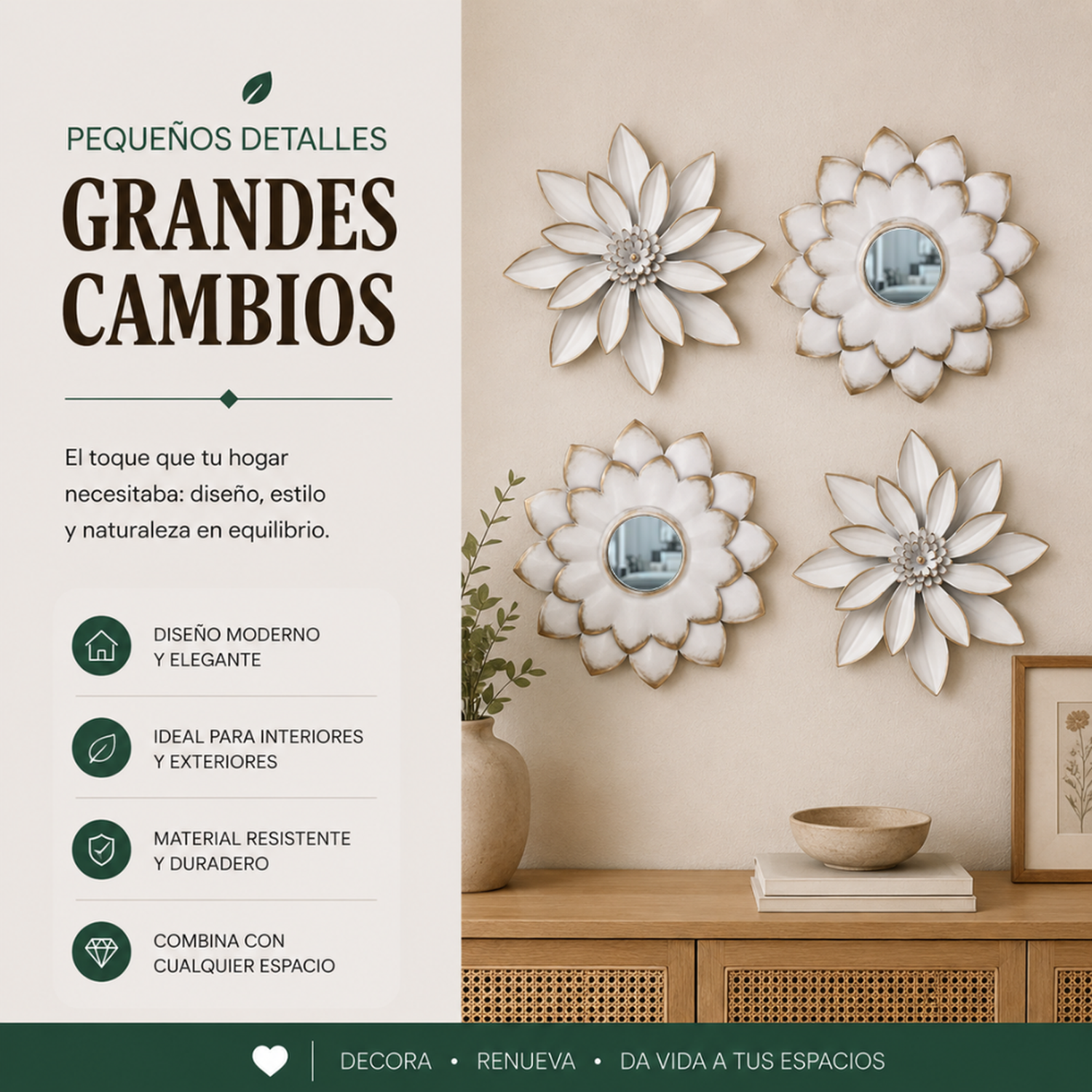 Set 4 Marcos De Espejos Flor De Loto Decorativo Blanco Deco-4