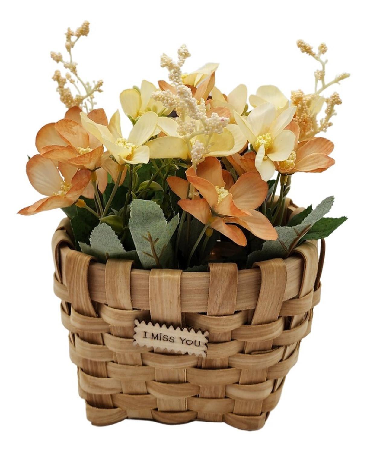 Planta Artificial Macetero Mimbre Flores Amarillas Naranjas-1