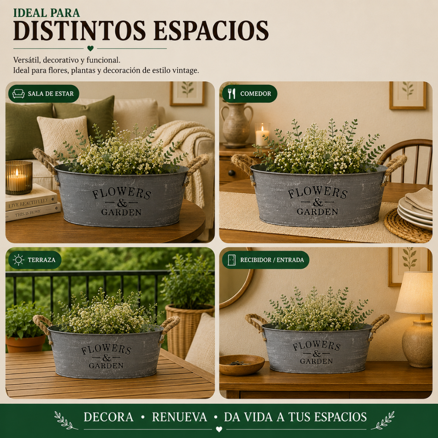 Set 2 Macetero Metalico Gris Ovalado Decorativo Con Asas L-4