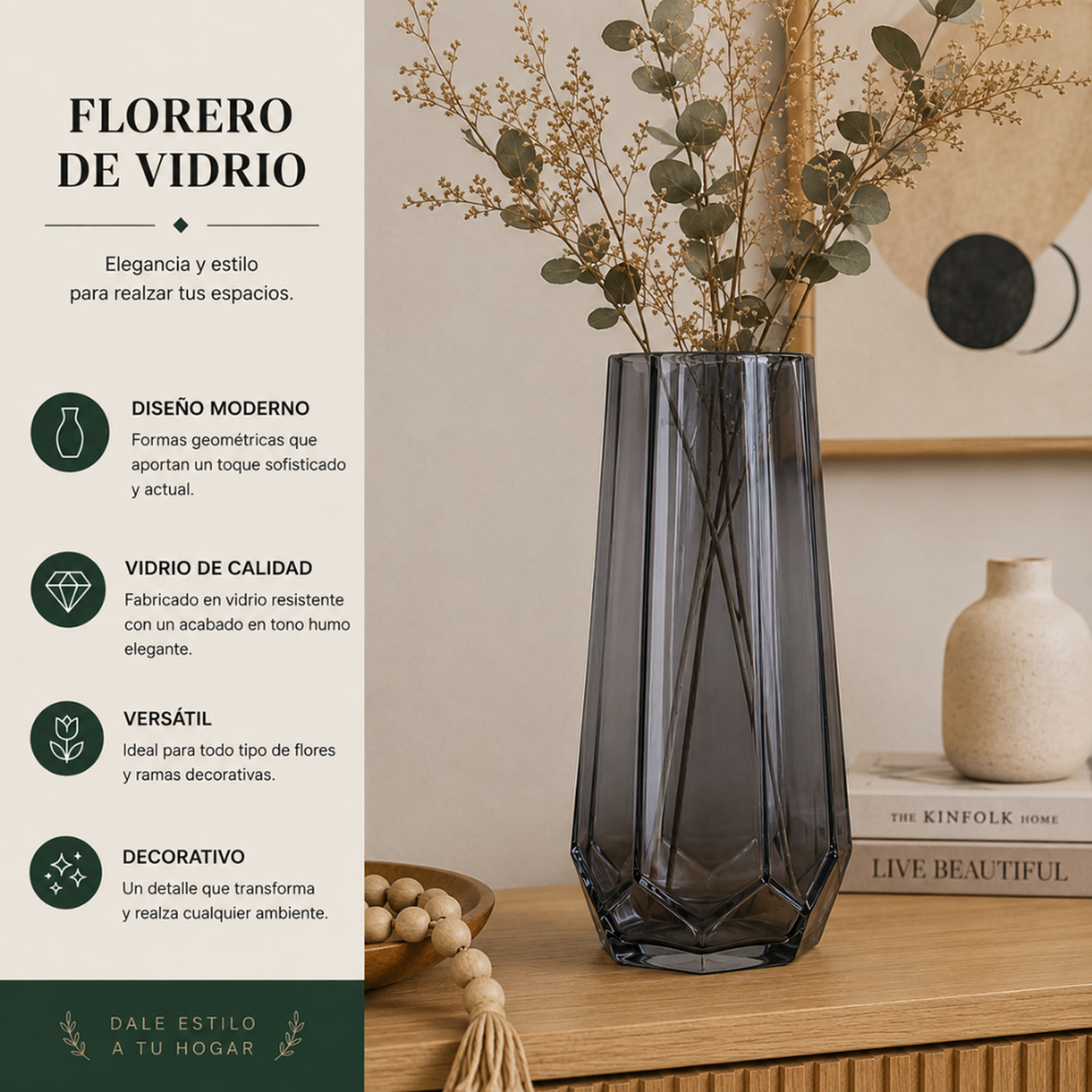 Florero Decorativo Geometrico Hexagonal De Vidrio Oscuro M-3