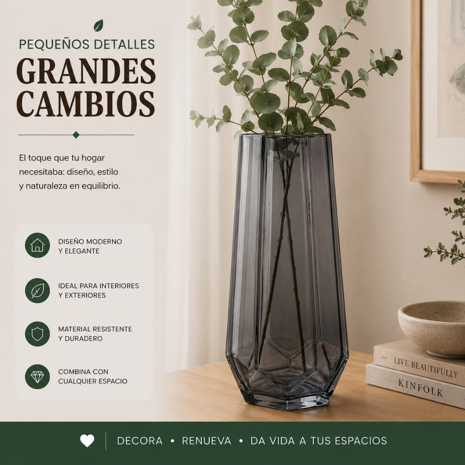 Florero Decorativo Geometrico Hexagonal De Vidrio Oscuro M-4