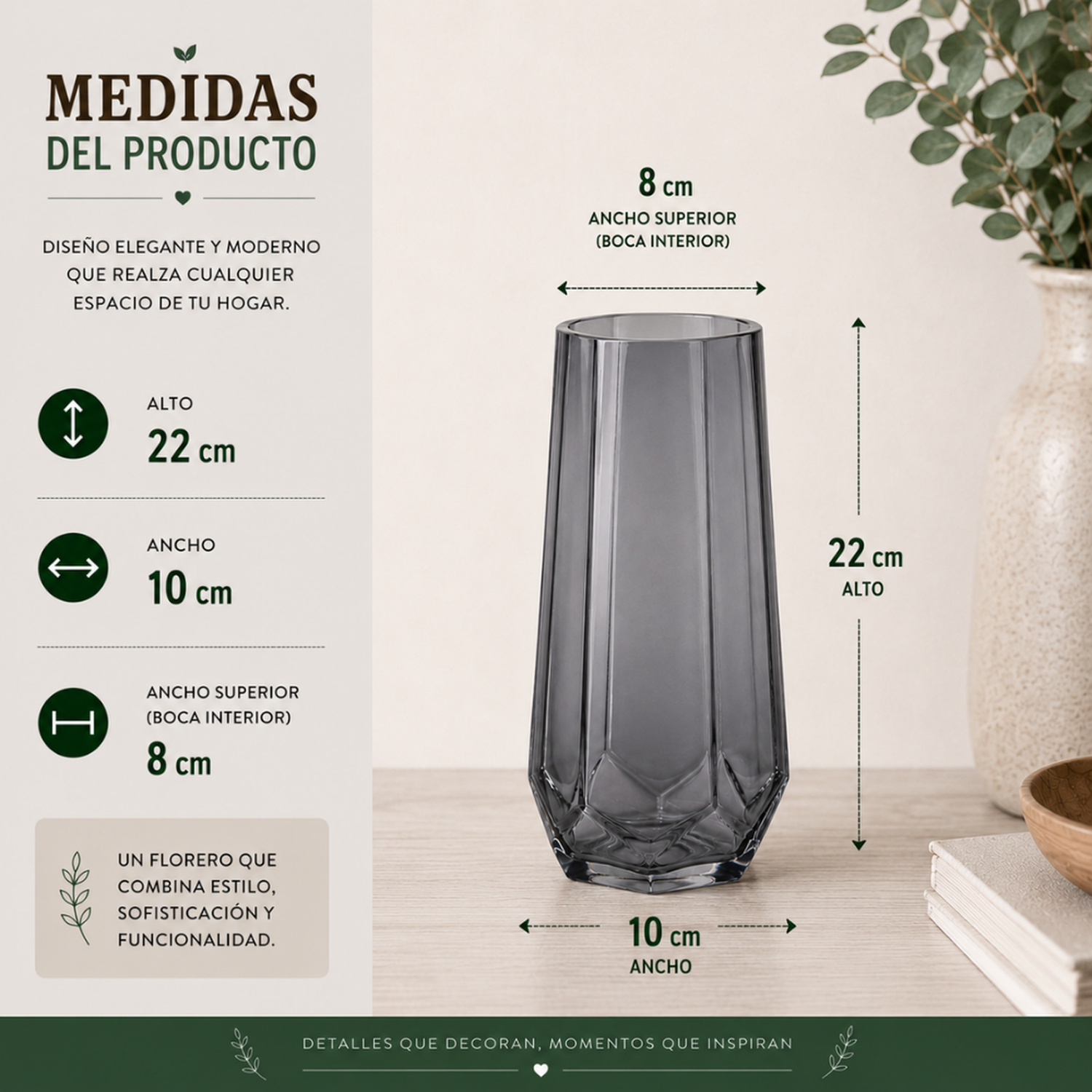 Florero Decorativo Geometrico Hexagonal De Vidrio Oscuro M-6