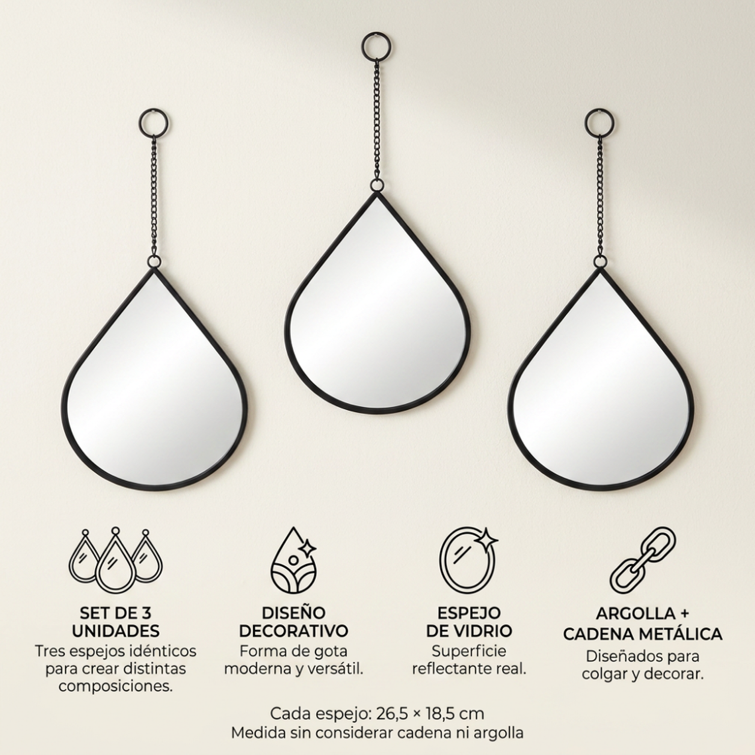 Set 3 Espejos Forma Gota Para Pared Decorativos Con Marco-5