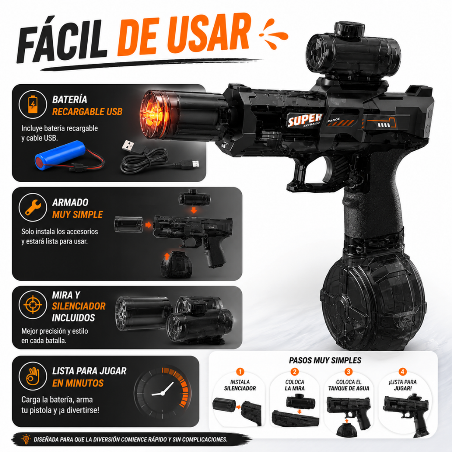 Pistola de Agua Electrica Automatica Alta Potencia Luz Led-4