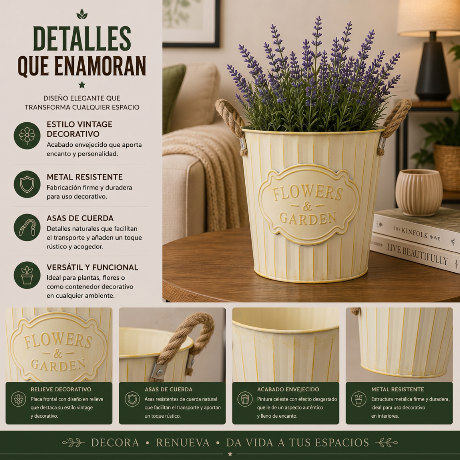 Set 3 Macetero Metalico Beige Decorativo Con Asas Jardín-3