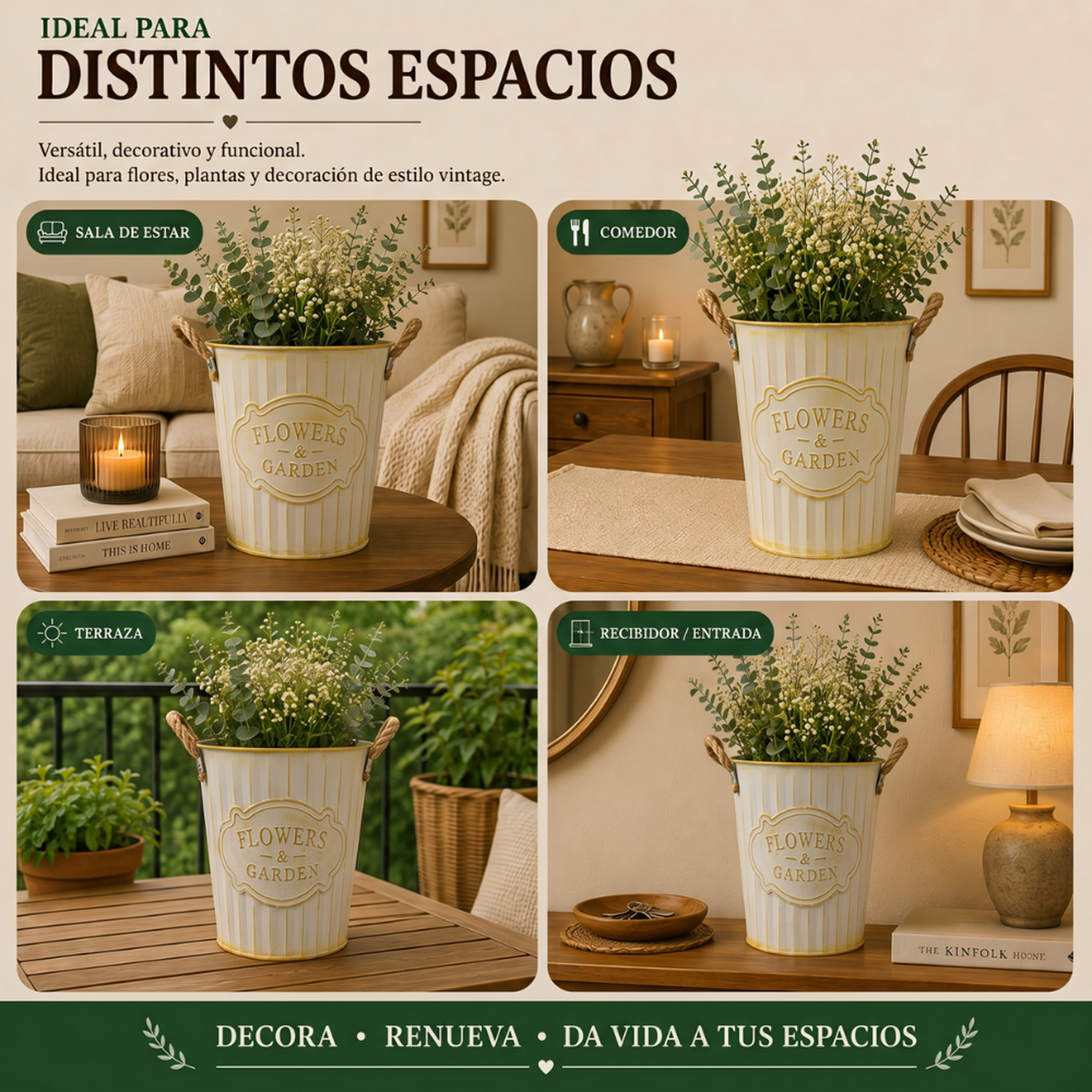 Set 3 Macetero Metalico Beige Decorativo Con Asas Jardín-4