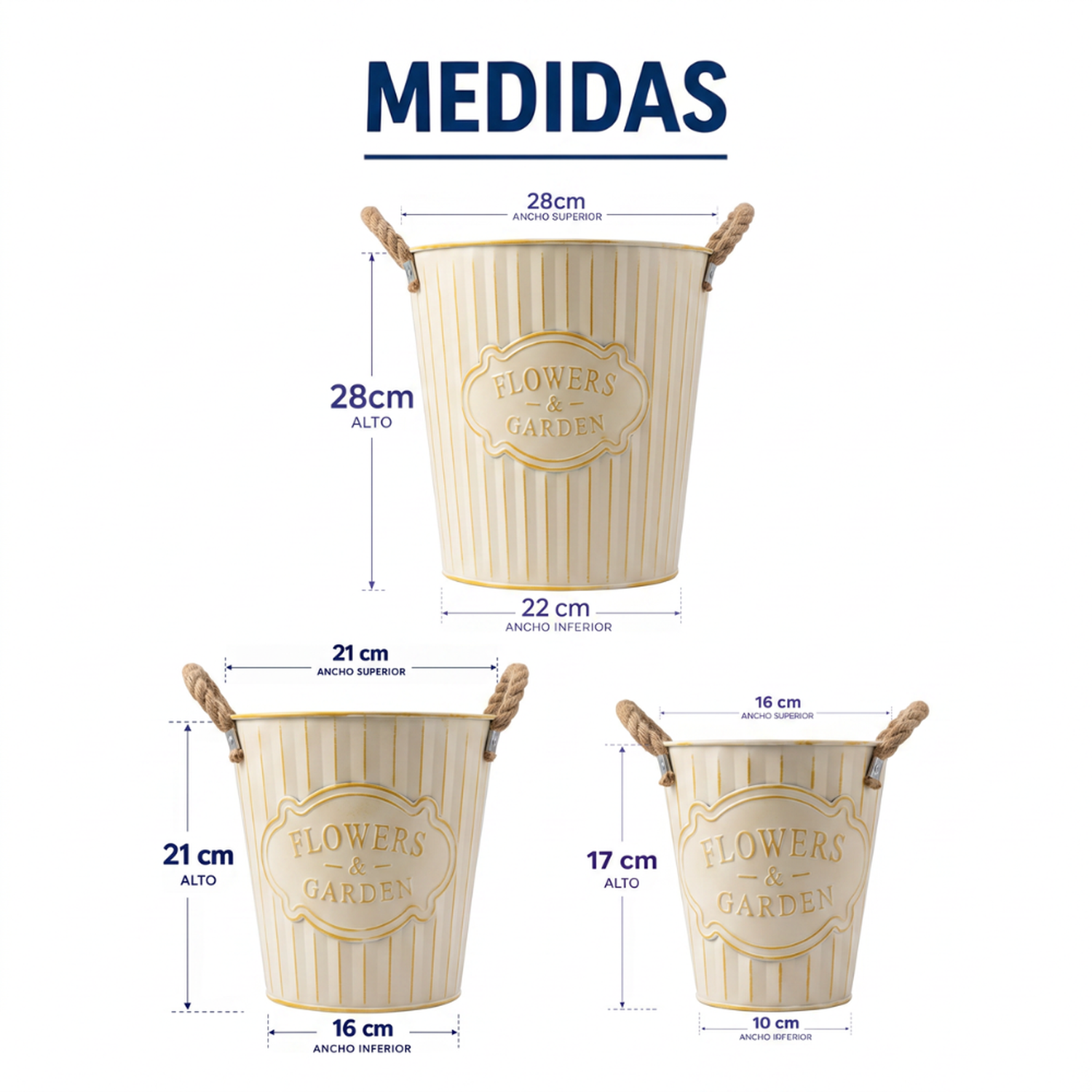 Set 3 Macetero Metalico Beige Decorativo Con Asas Jardín-6