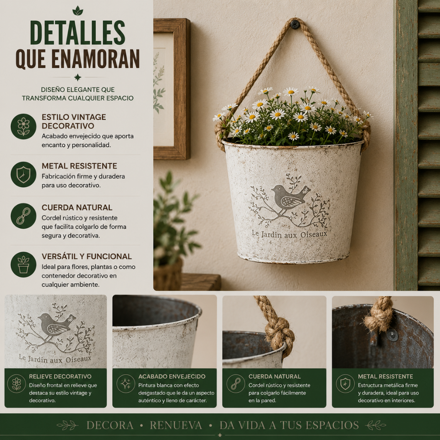 Set 2 Macetero Metalico Blanco Colgante de Pared Decorativo-4