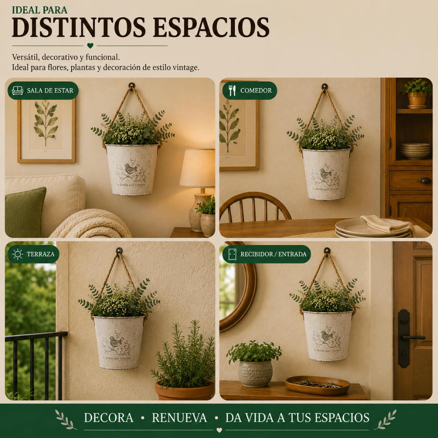 Set 2 Macetero Metalico Blanco Colgante de Pared Decorativo-6