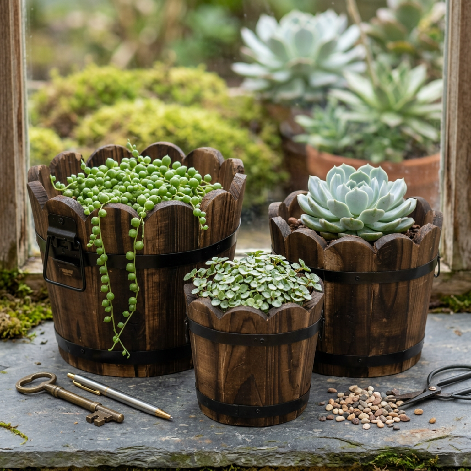 Set 3 Maceteros De Madera Tipo Barril Circular De Jardin-2