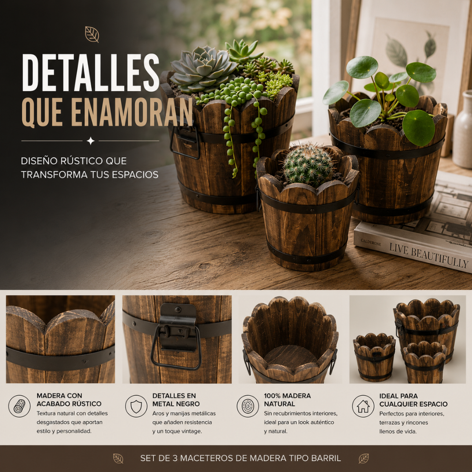 Set 3 Maceteros De Madera Tipo Barril Circular De Jardin-4
