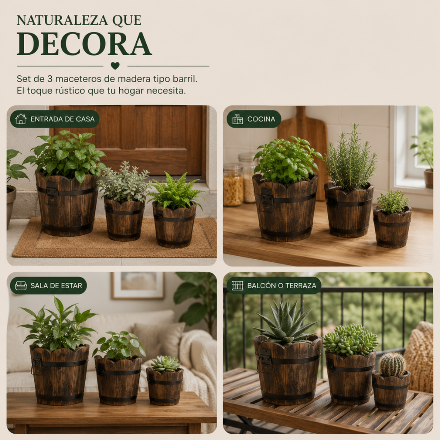 Set 3 Maceteros De Madera Tipo Barril Circular De Jardin-7
