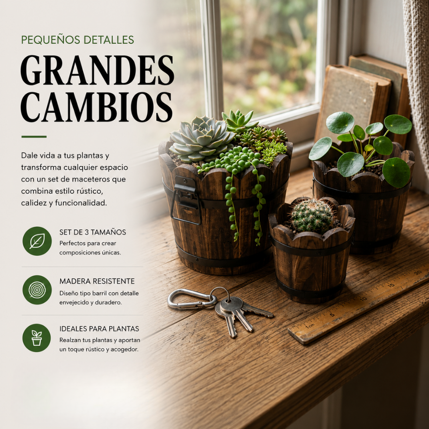 Set 3 Maceteros De Madera Tipo Barril Circular De Jardin-3