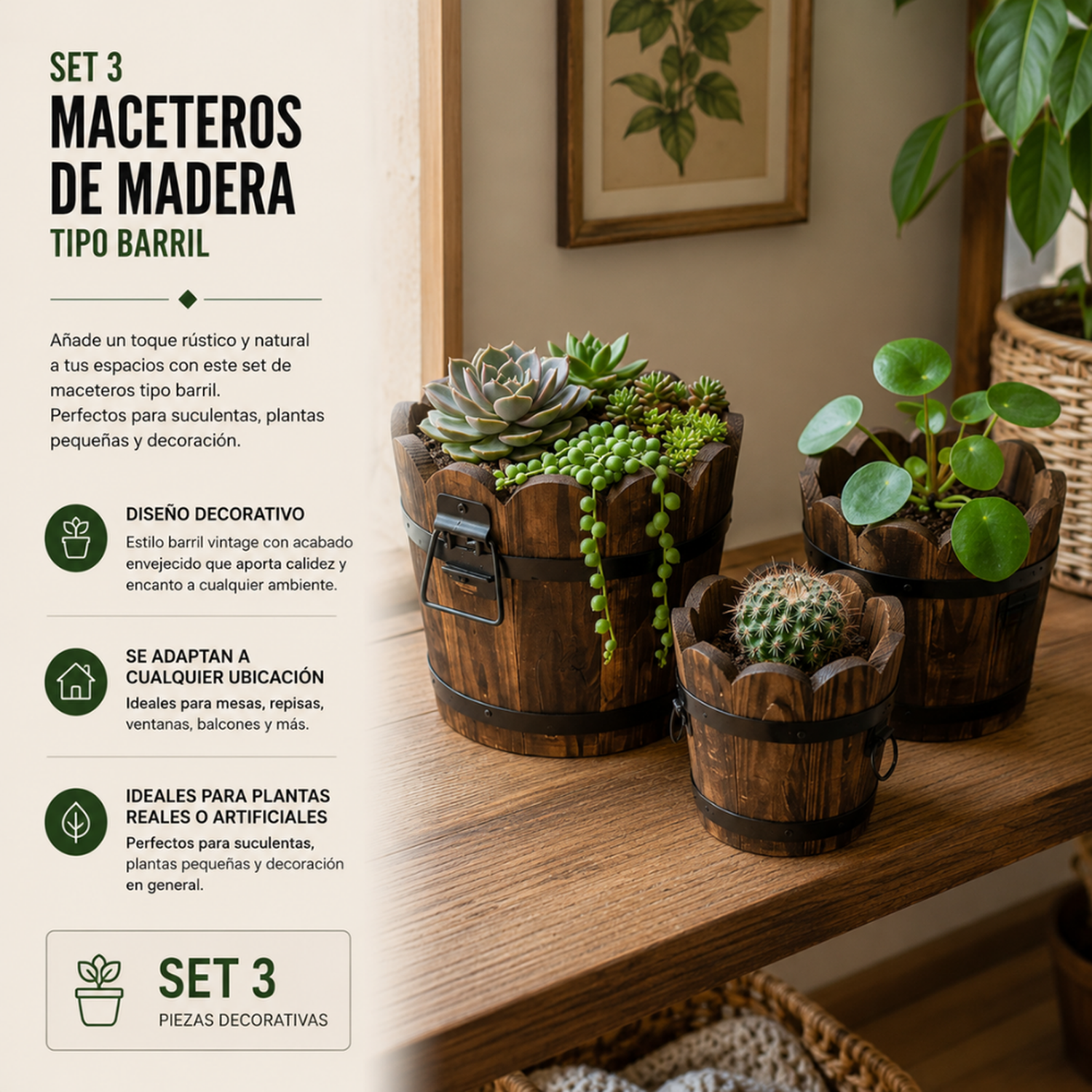 Set 3 Maceteros De Madera Tipo Barril Circular De Jardin-5