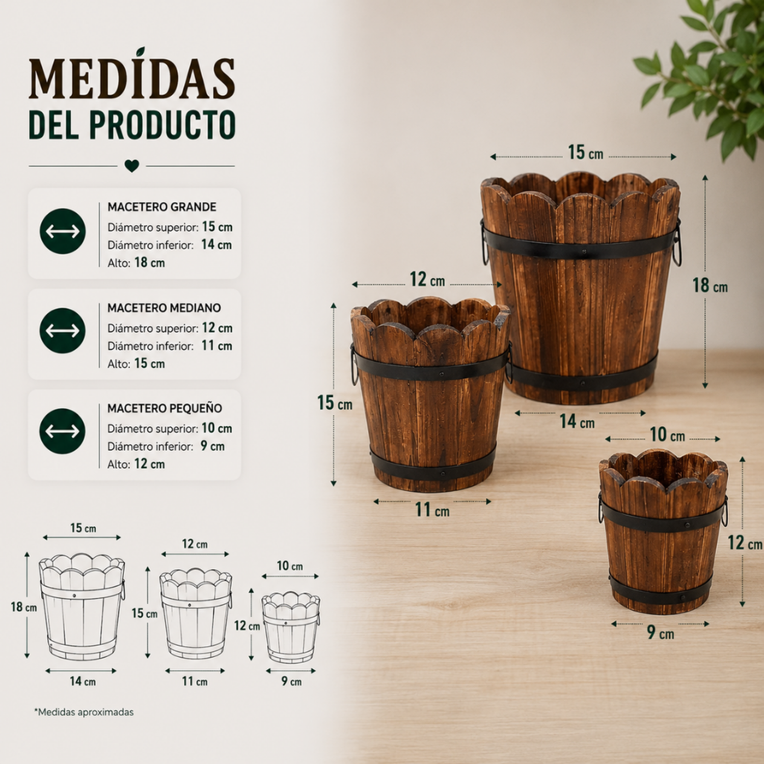 Set 3 Maceteros De Madera Tipo Barril Circular De Jardin-6