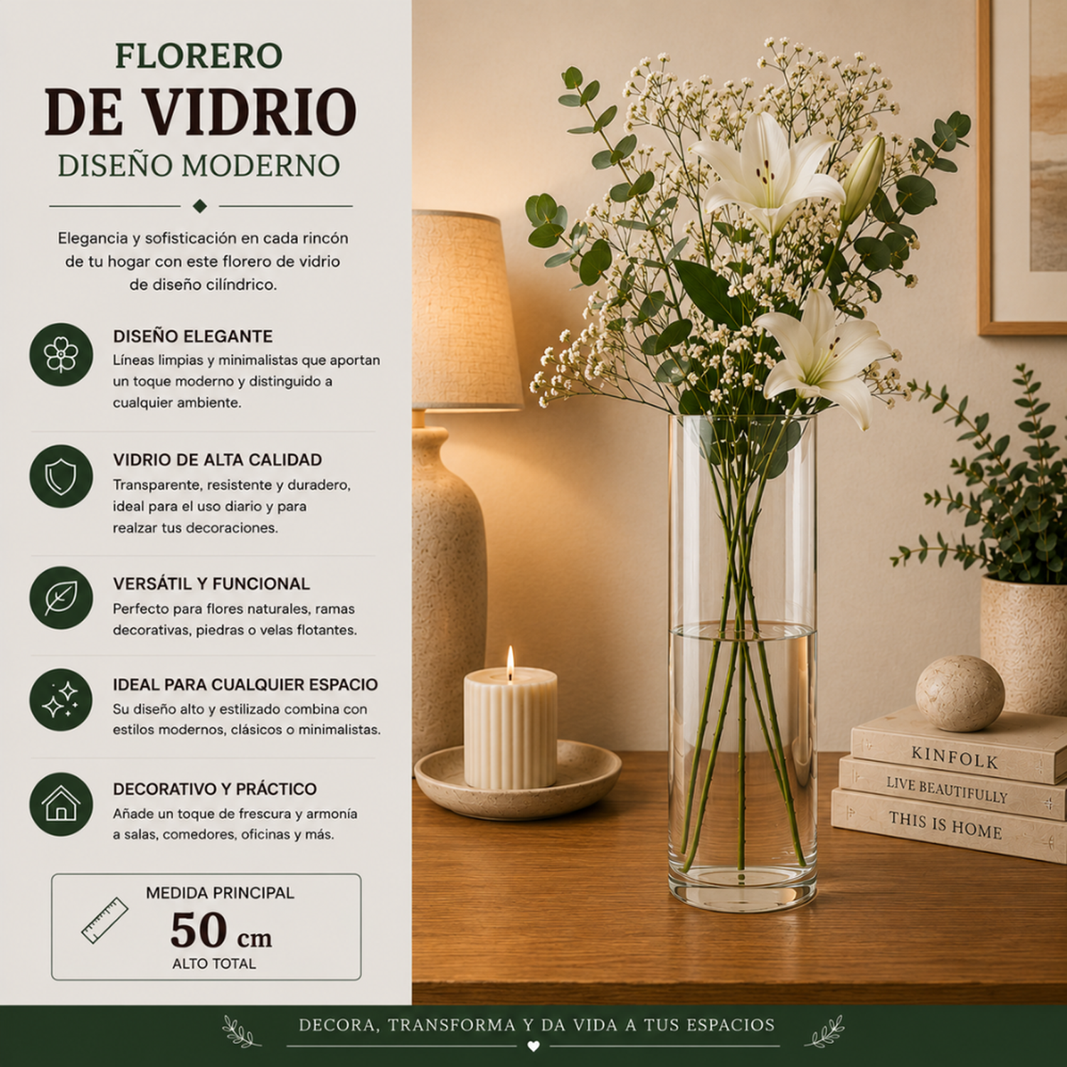 Florero De Vidrio Alto Cilindrico Transparente Jarron L-3