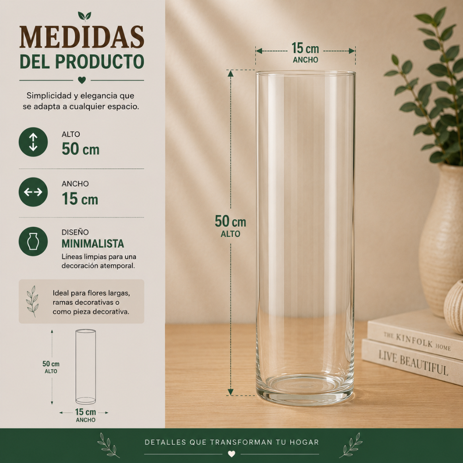 Florero De Vidrio Alto Cilindrico Transparente Jarron L-6