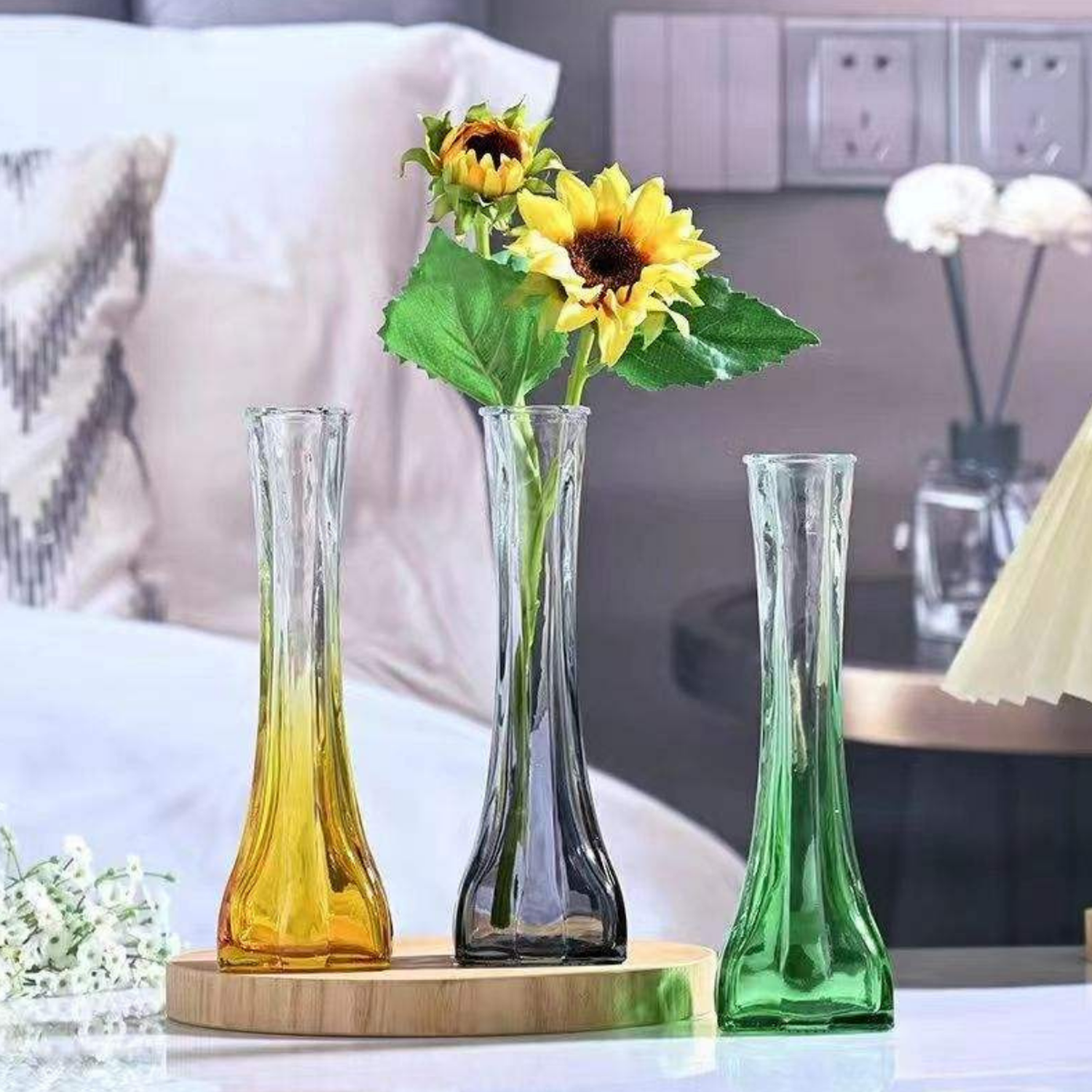 Florero Decorativo De Vidrio Transparente Base Oscura Simple-4
