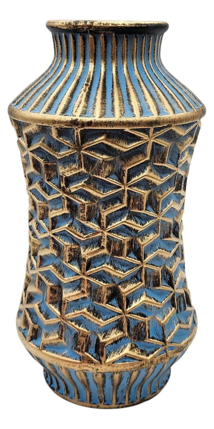 Florero Jarrón De Cerámica Diseño Nórdico Azul Con Dorado-0